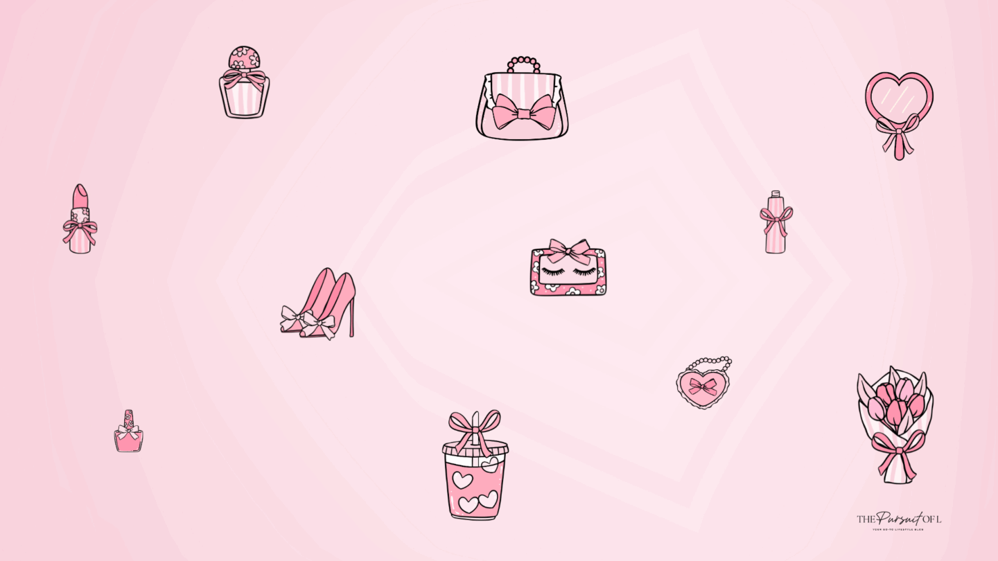 A cute, girly desktop wallpaper with illustrations of perfume bottles, pink high heels, lipstick, nail polish, and heart-shaped accessories with bows, all in a sweet pink and white color palette on a soft blush background.