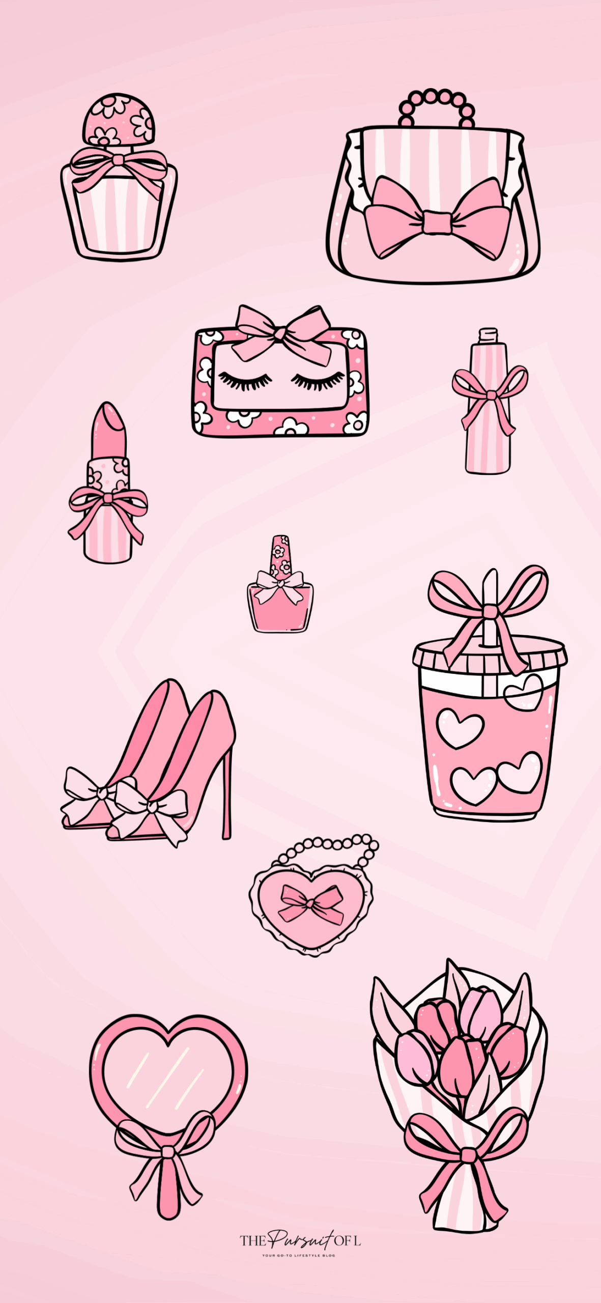 A cute, girly phone wallpaper with illustrations of perfume bottles, pink high heels, lipstick, nail polish, and heart-shaped accessories with bows, all in a sweet pink and white color palette on a soft blush background.
