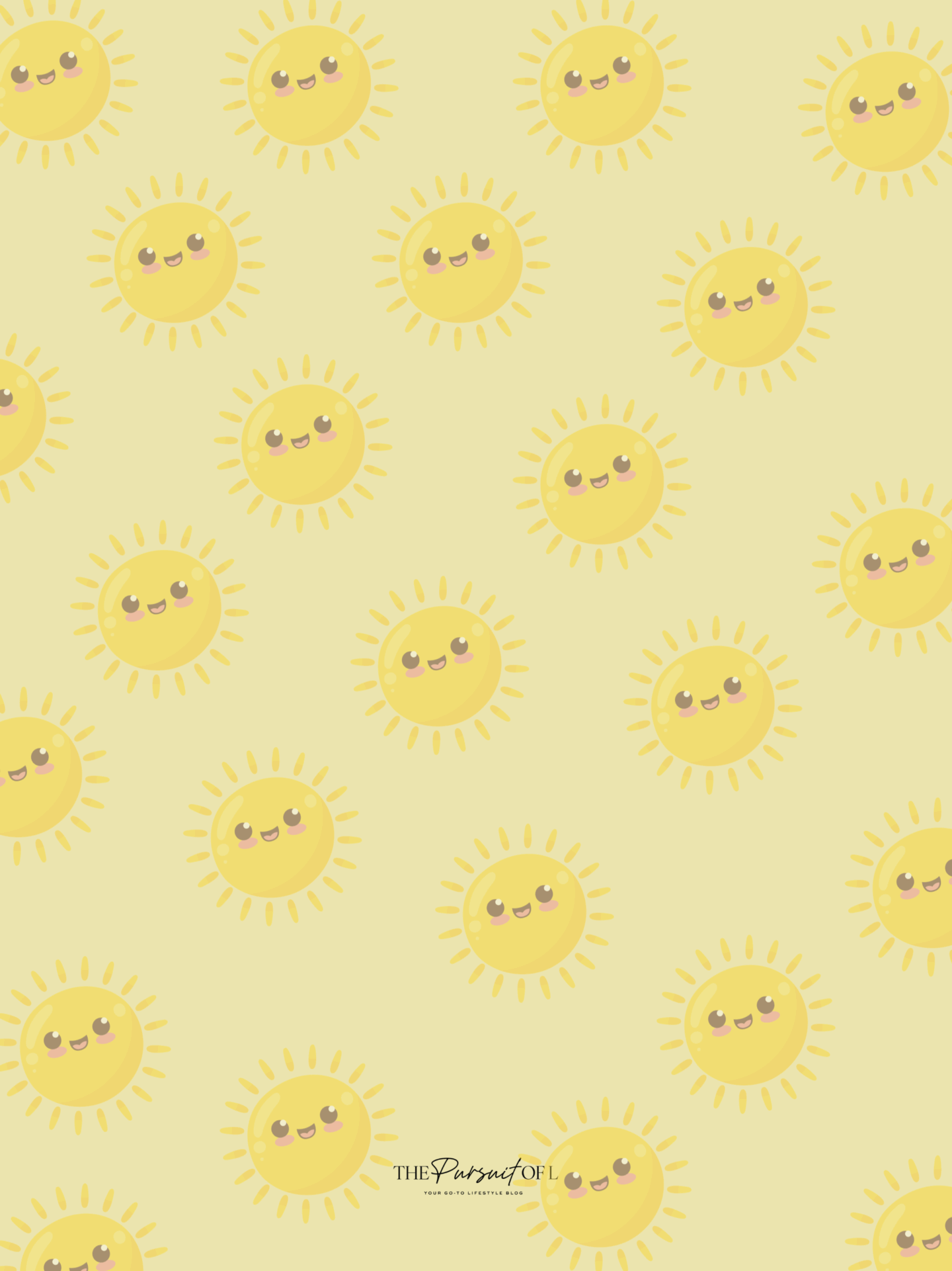 Pale yellow background covered in repeating illustrations of cheerful, cartoon-style yellow suns with smiling faces and rosy cheeks. Tablet wallpaper.