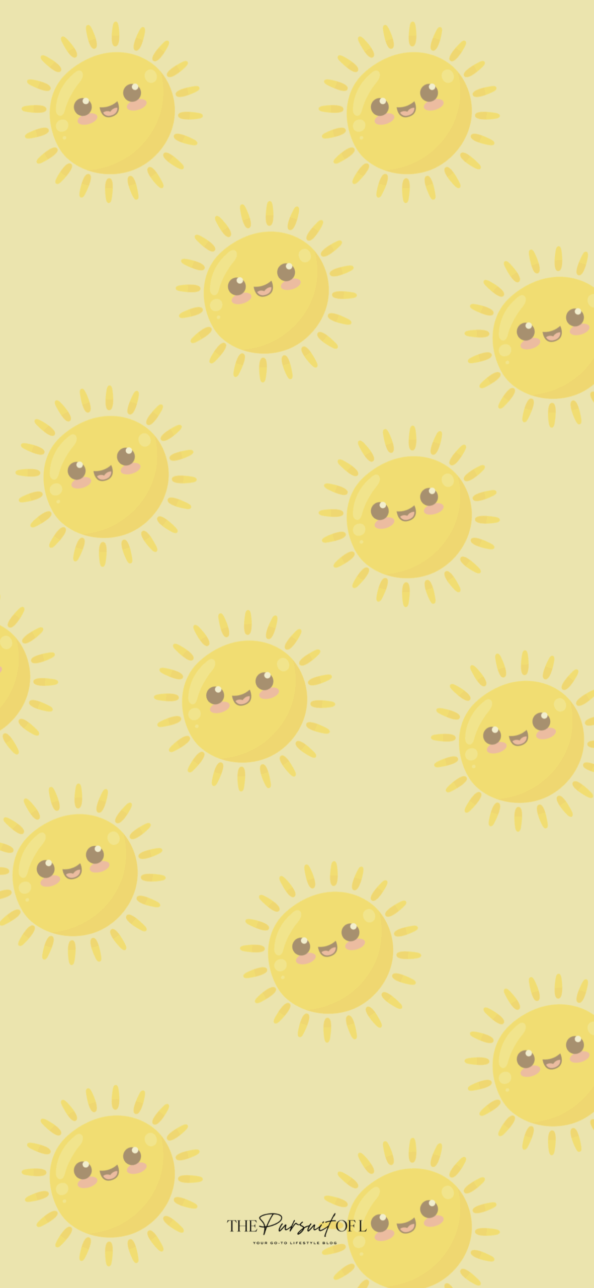 Pale yellow background covered in repeating illustrations of cheerful, cartoon-style yellow suns with smiling faces and rosy cheeks. Phone wallpaper.