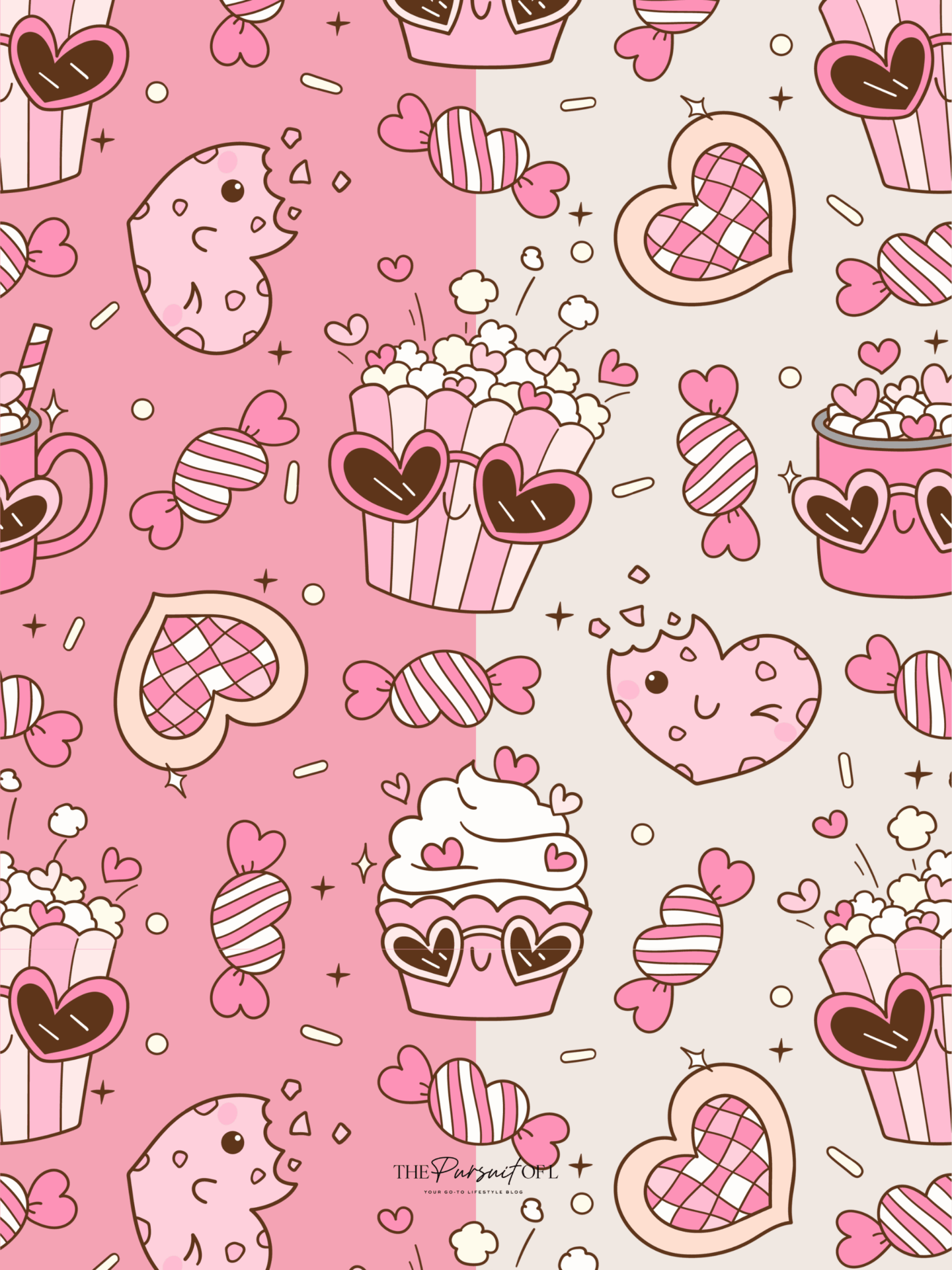 Playful pink-and-cream background with a repeating pattern of illustrated cupcakes, popcorn, candy, mugs, and heart-shaped cookies, accented with heart and sprinkle details. Tablet wallpaper.