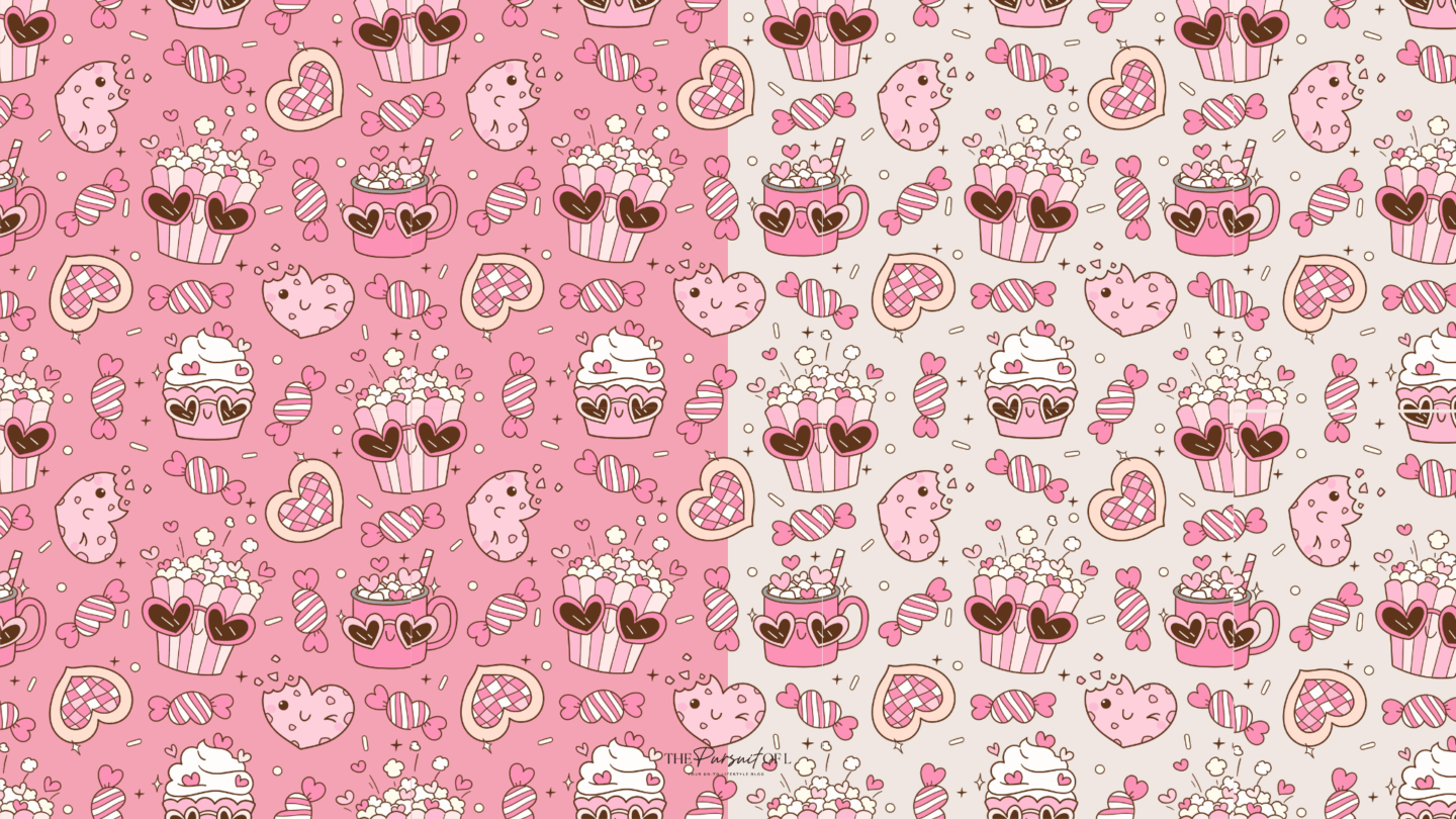 Playful pink-and-cream background with a repeating pattern of illustrated cupcakes, popcorn, candy, mugs, and heart-shaped cookies, accented with heart and sprinkle details. Desktop wallpaper.
