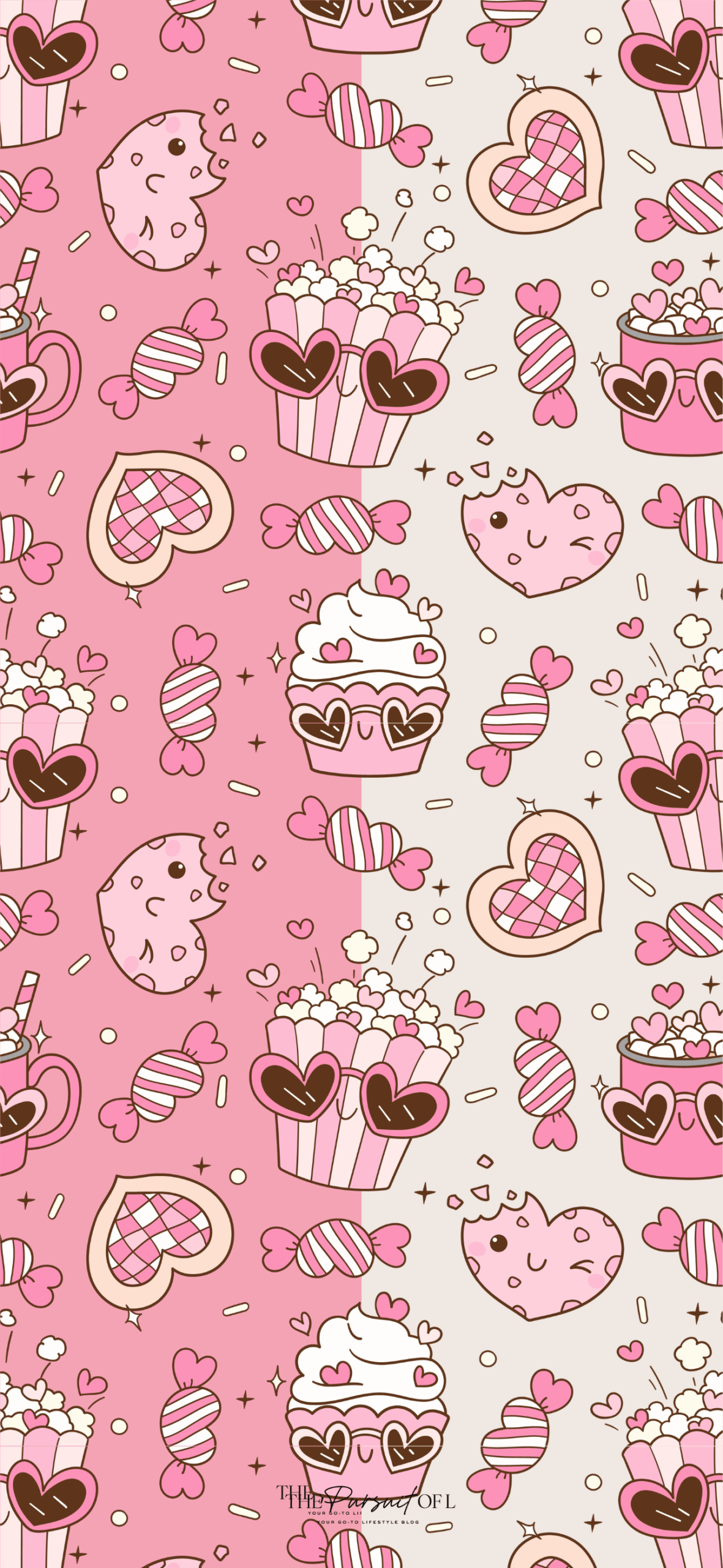 Playful pink-and-cream background with a repeating pattern of illustrated cupcakes, popcorn, candy, mugs, and heart-shaped cookies, accented with heart and sprinkle details. Phone wallpaper.