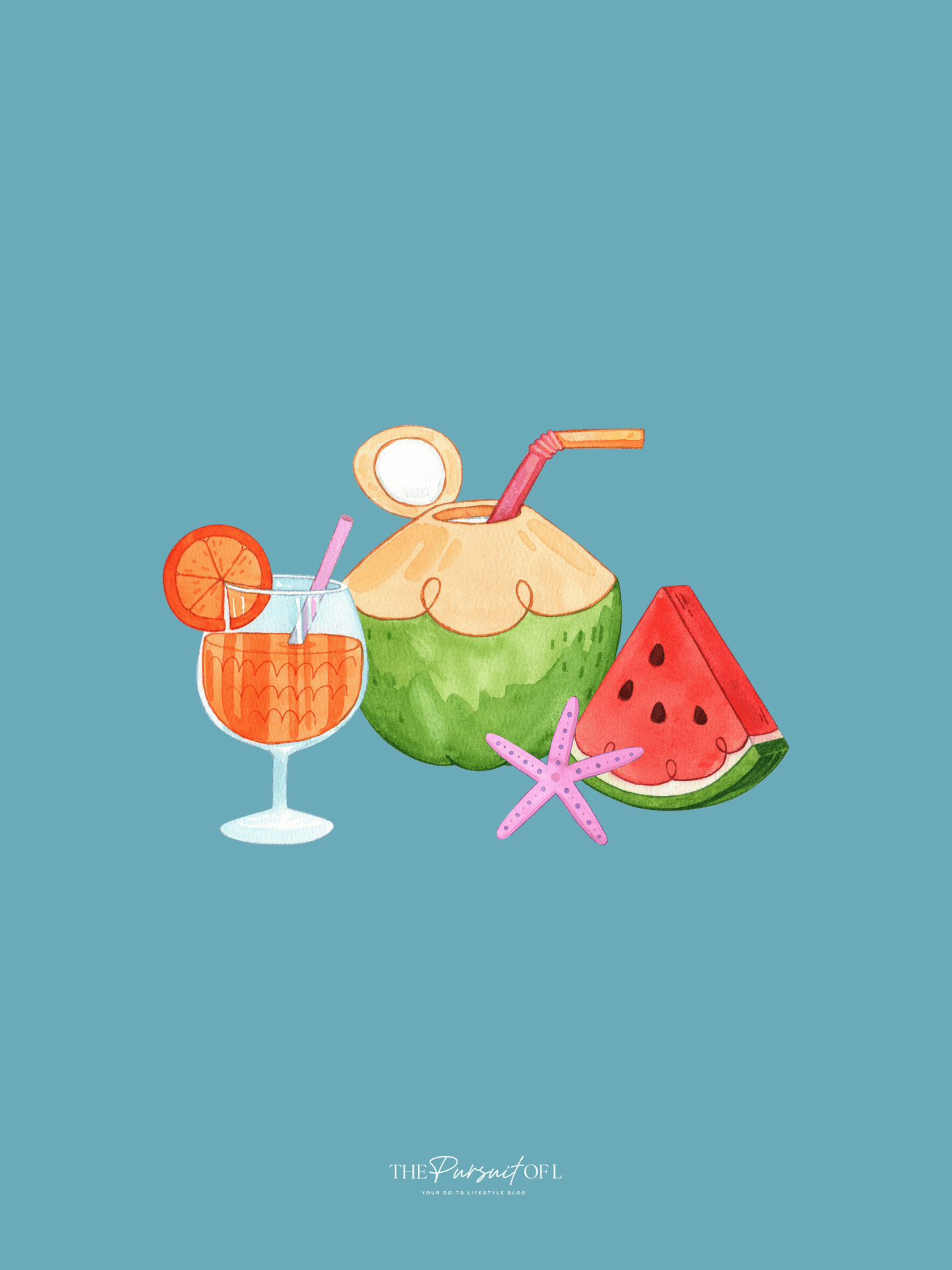 Solid teal background with watercolor-style illustrations of a coconut drink with a straw, a glass of orange cocktail, a slice of watermelon, and a pink starfish. Tablet wallpaper.