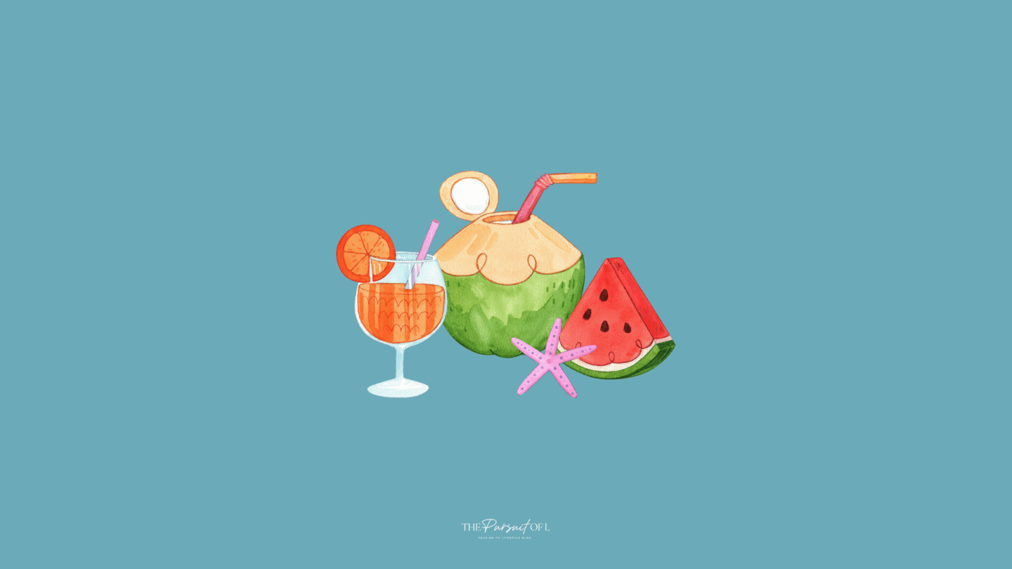 Solid teal background with watercolor-style illustrations of a coconut drink with a straw, a glass of orange cocktail, a slice of watermelon, and a pink starfish. Desktop wallpaper.