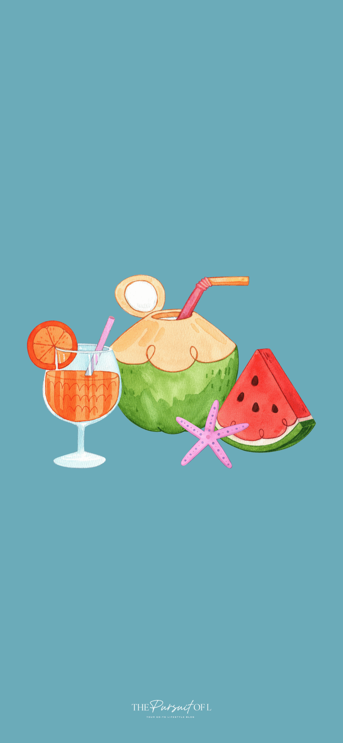 Solid teal background with watercolor-style illustrations of a coconut drink with a straw, a glass of orange cocktail, a slice of watermelon, and a pink starfish. Phone wallpaper.