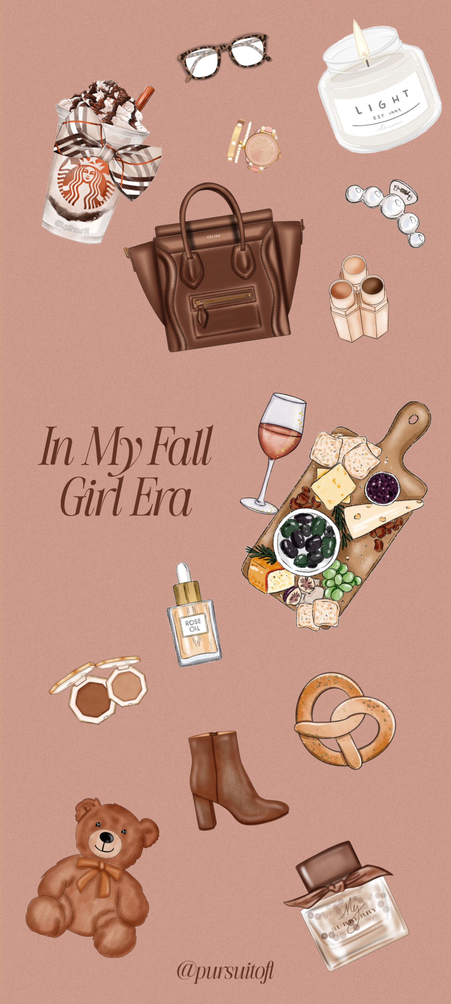 Aesthetic fall wallpaper with illustrations of seasonal favorites: Starbucks drink, tortoise glasses, candle, handbag, jewelry, wine glass, charcuterie board, pretzel, teddy bear, boots, rose oil, and perfume. Text in the center reads “In My Fall Girl Era.”