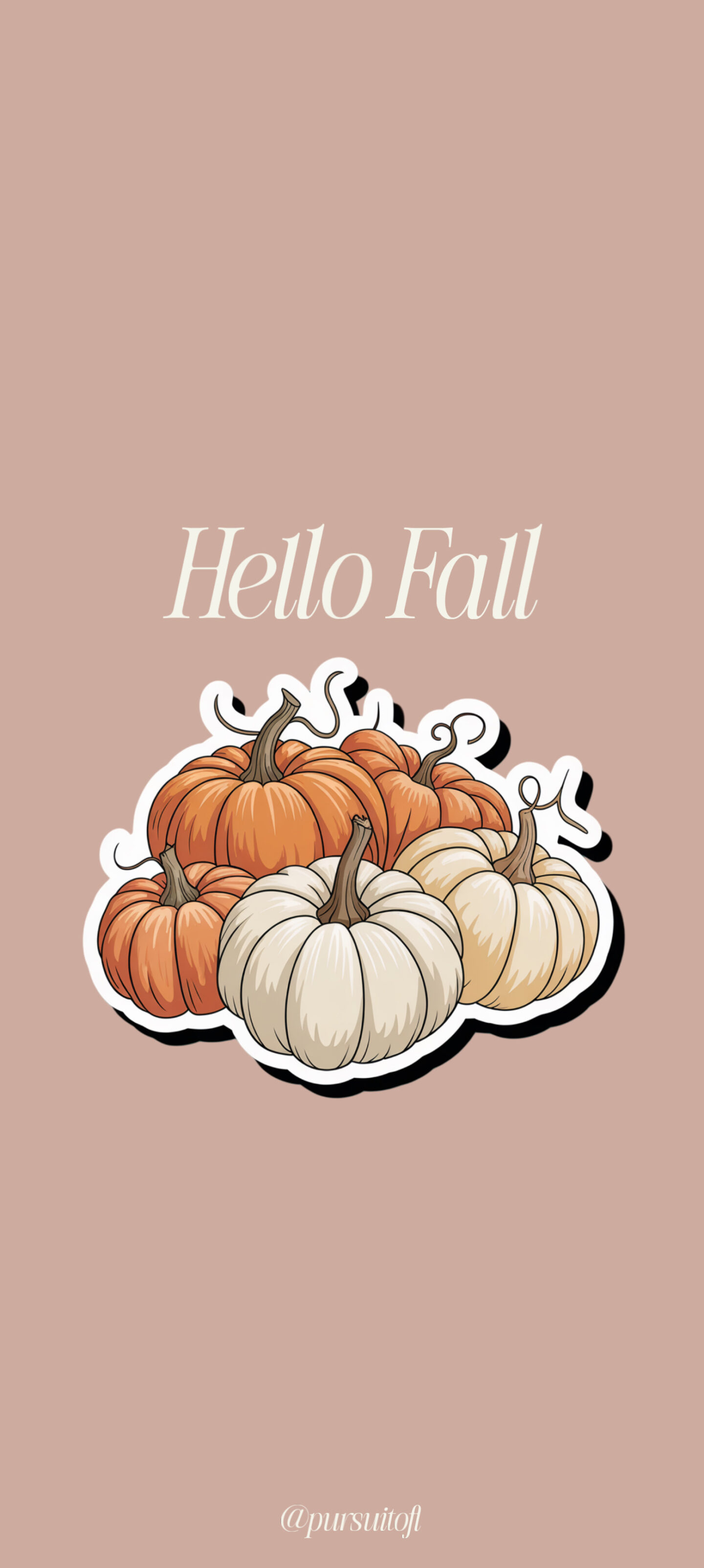 Neutral-toned wallpaper with a simple design of orange and white pumpkins stacked together. Text above reads “Hello Fall.”