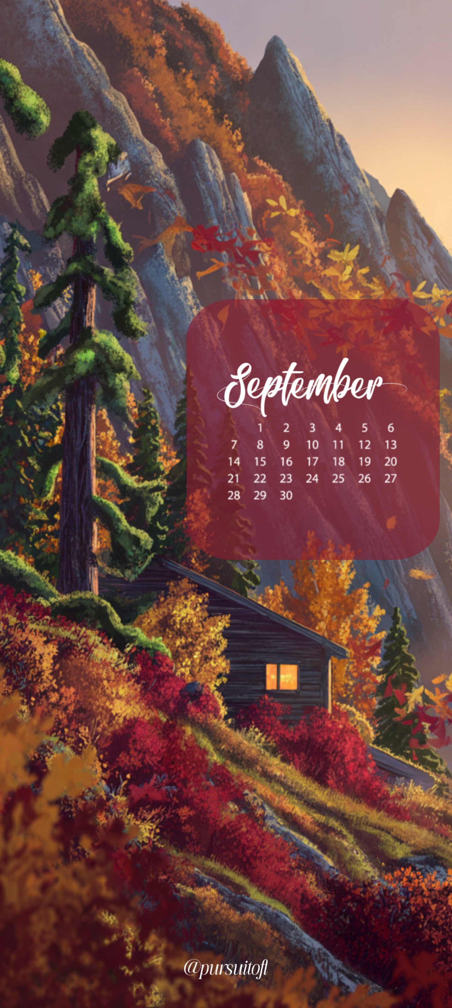 Scenic September 2025 calendar wallpaper with a mountain landscape in autumn colors. A cozy cabin glows with light against vibrant fall foliage, with a calendar overlay for September.