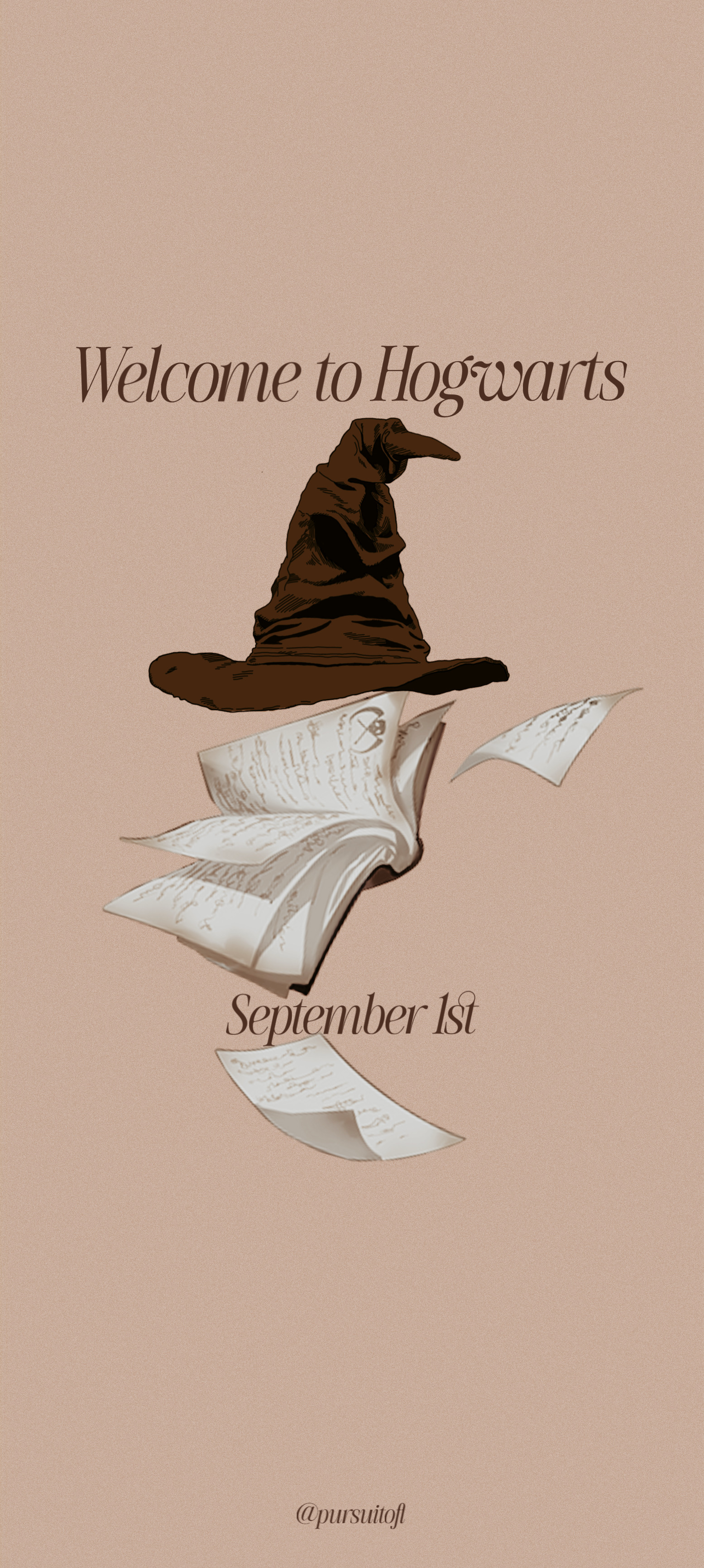 Cozy September wallpaper with the Sorting Hat floating above flying parchment pages on a taupe background. Text reads “Welcome to Hogwarts, September 1st.