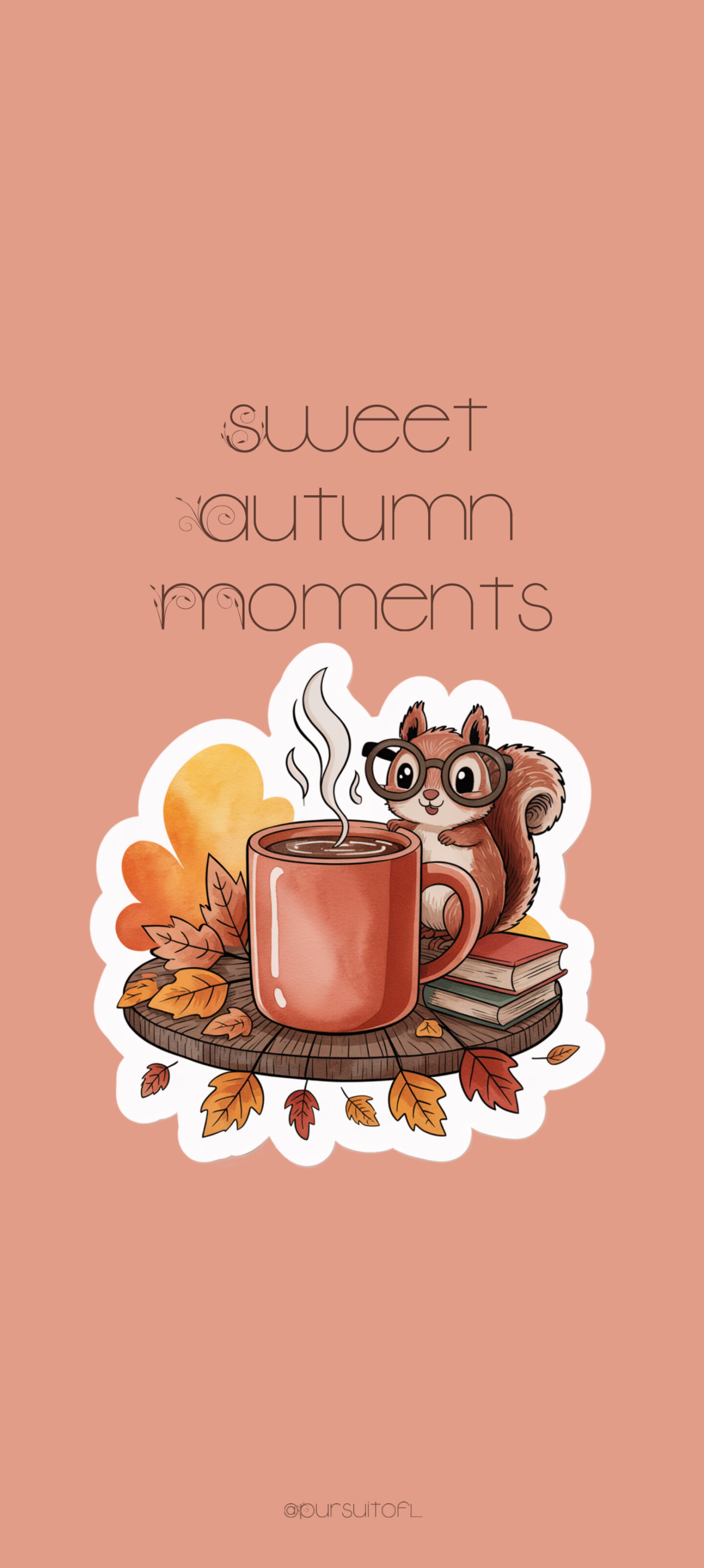 Cozy fall wallpaper with illustrated squirrel, warm coffee mug, and autumn leaves. cozy fall wallpaper, autumn coffee wallpaper, squirrel fall wallpaper, October cozy phone background