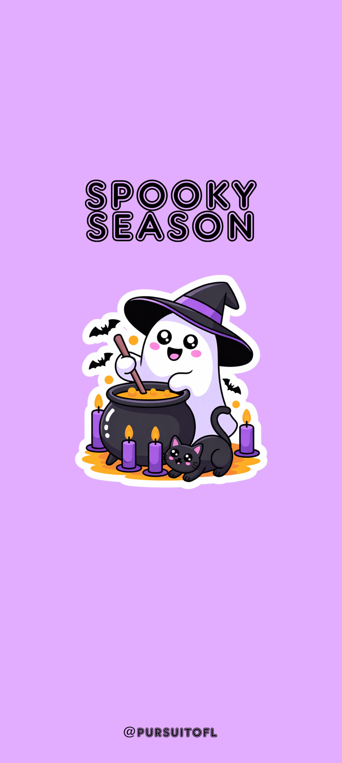 Cute ghost and black cat Halloween wallpaper in soft pastel purple tones, fun spooky season phone background for October aesthetic lovers. spooky season wallpaper, cute ghost wallpaper, pastel Halloween background, October phone wallpaper