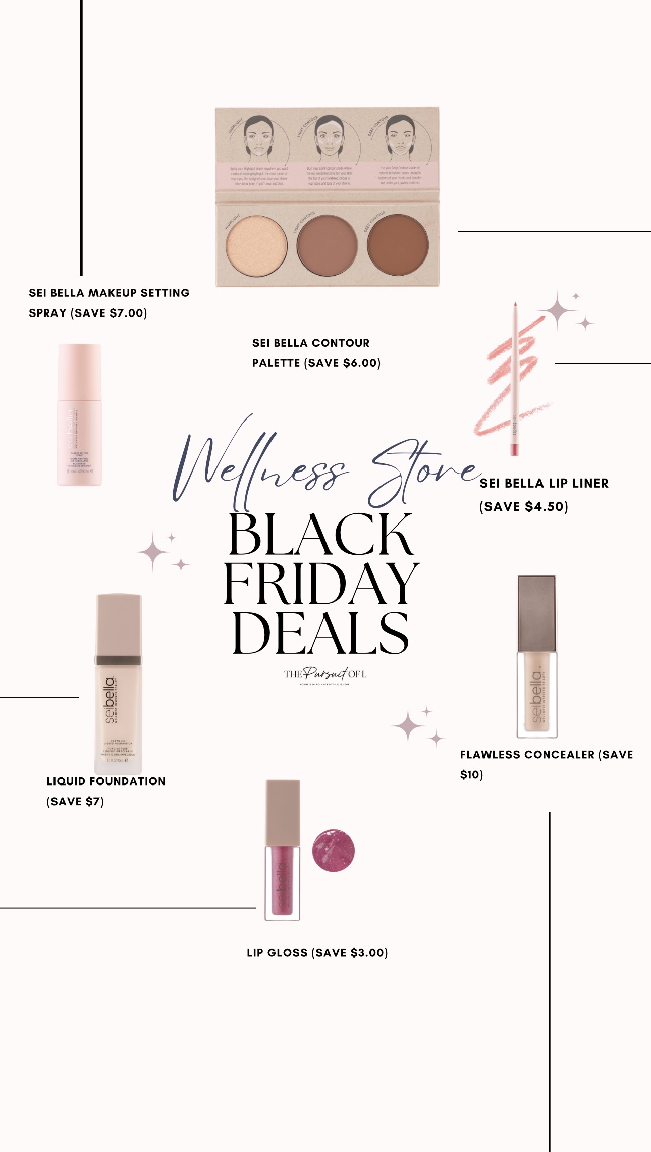 Clean beauty favorites including foundation, concealer, lip gloss, contour palette, and makeup setting spray from the Wellness Store Deals.