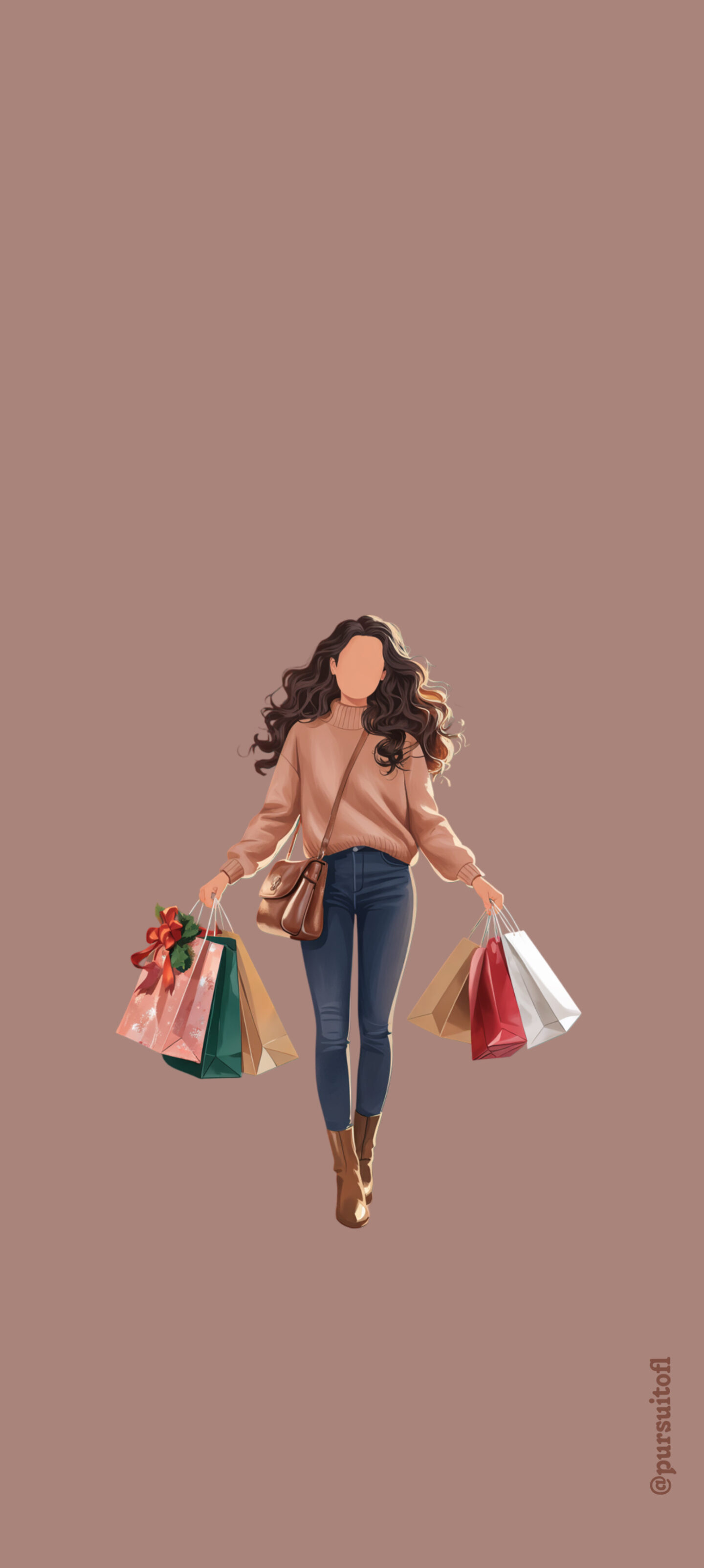Illustration of a woman in a cozy fall sweater, jeans, and boots carrying multiple shopping bags, set against a muted mauve background.