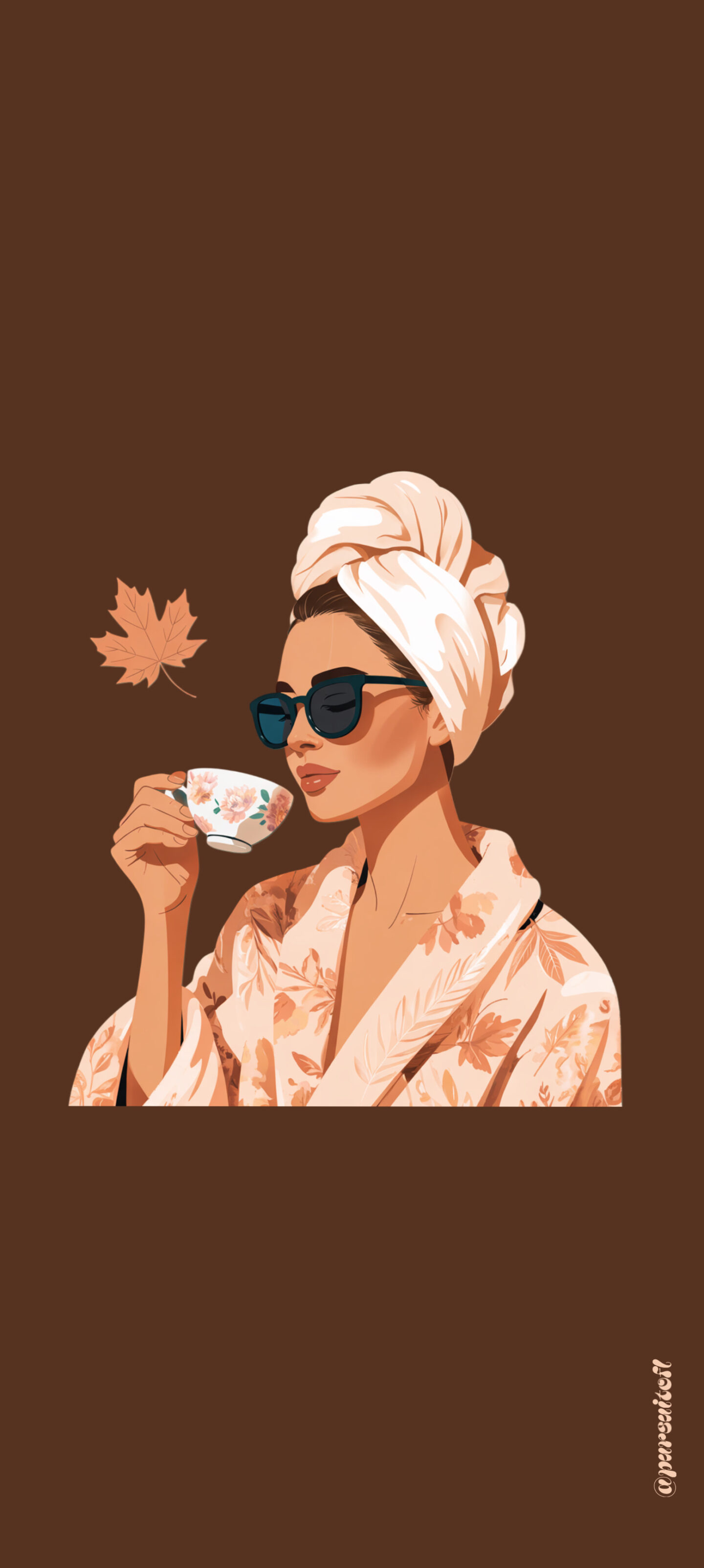 ditorial illustration of a woman in a floral robe and towel wrap sipping tea, set against a warm brown background with a floating maple leaf.