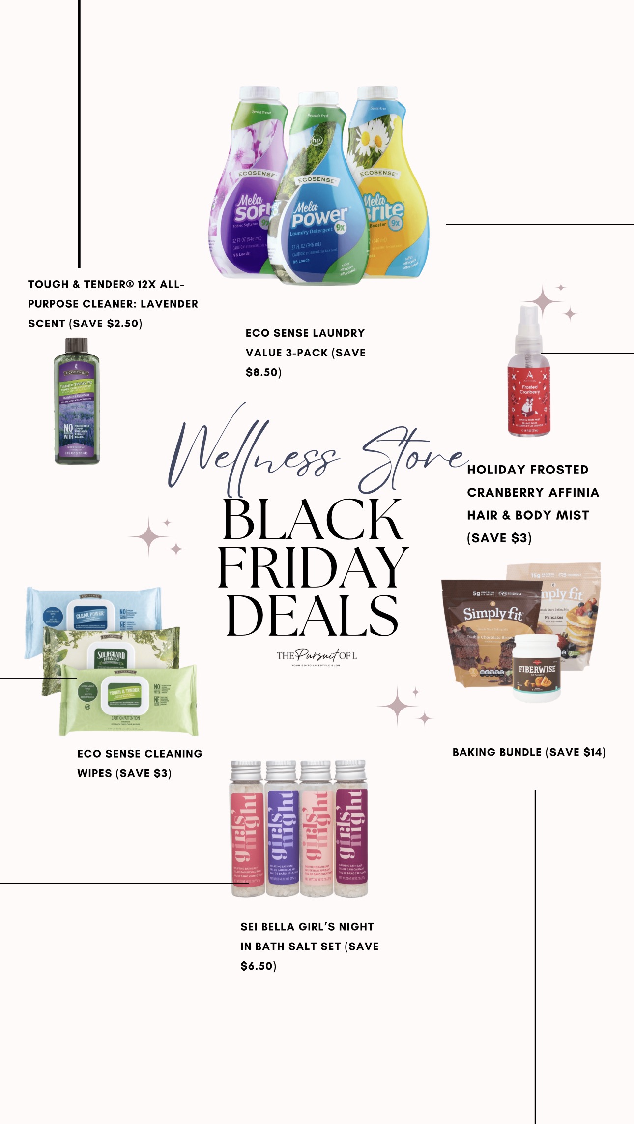 Clean-ingredient home and cleaning products showcased for The Pursuit of L Wellness Store Black Friday Deals.