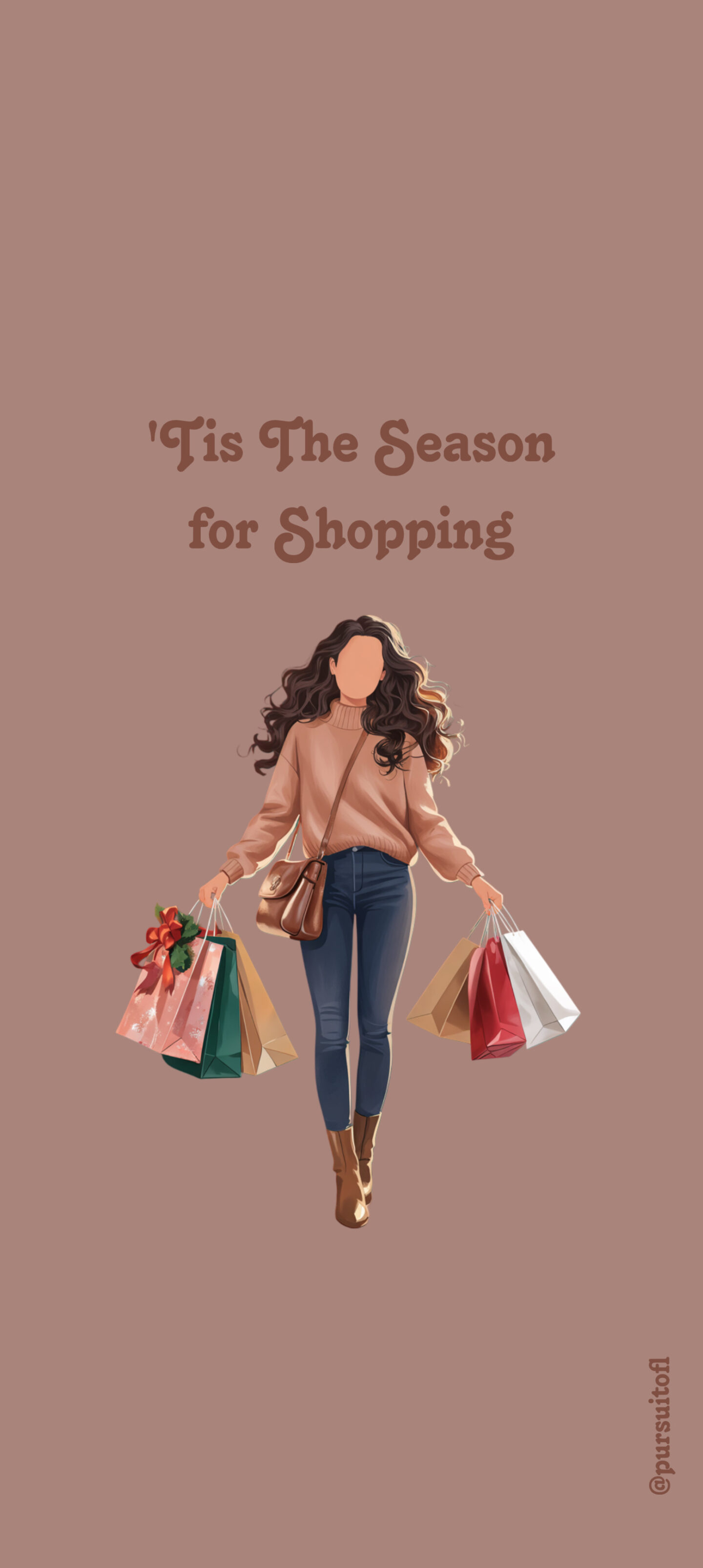 Holiday-themed illustration of a woman carrying festive shopping bags with the text “’Tis the Season for Shopping” above her on a mauve background.