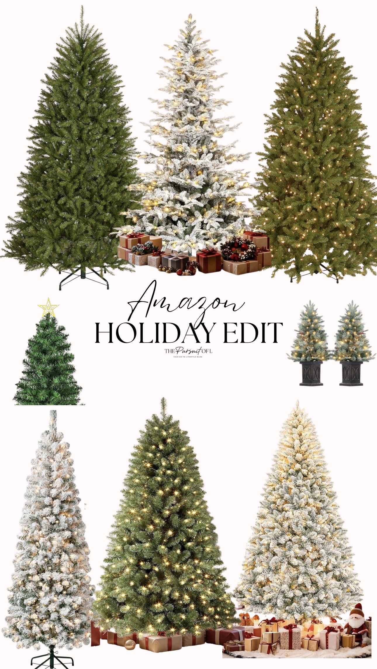 Collage of neutral and flocked Christmas trees in various heights and styles arranged for The Pursuit of L Holiday Edit.