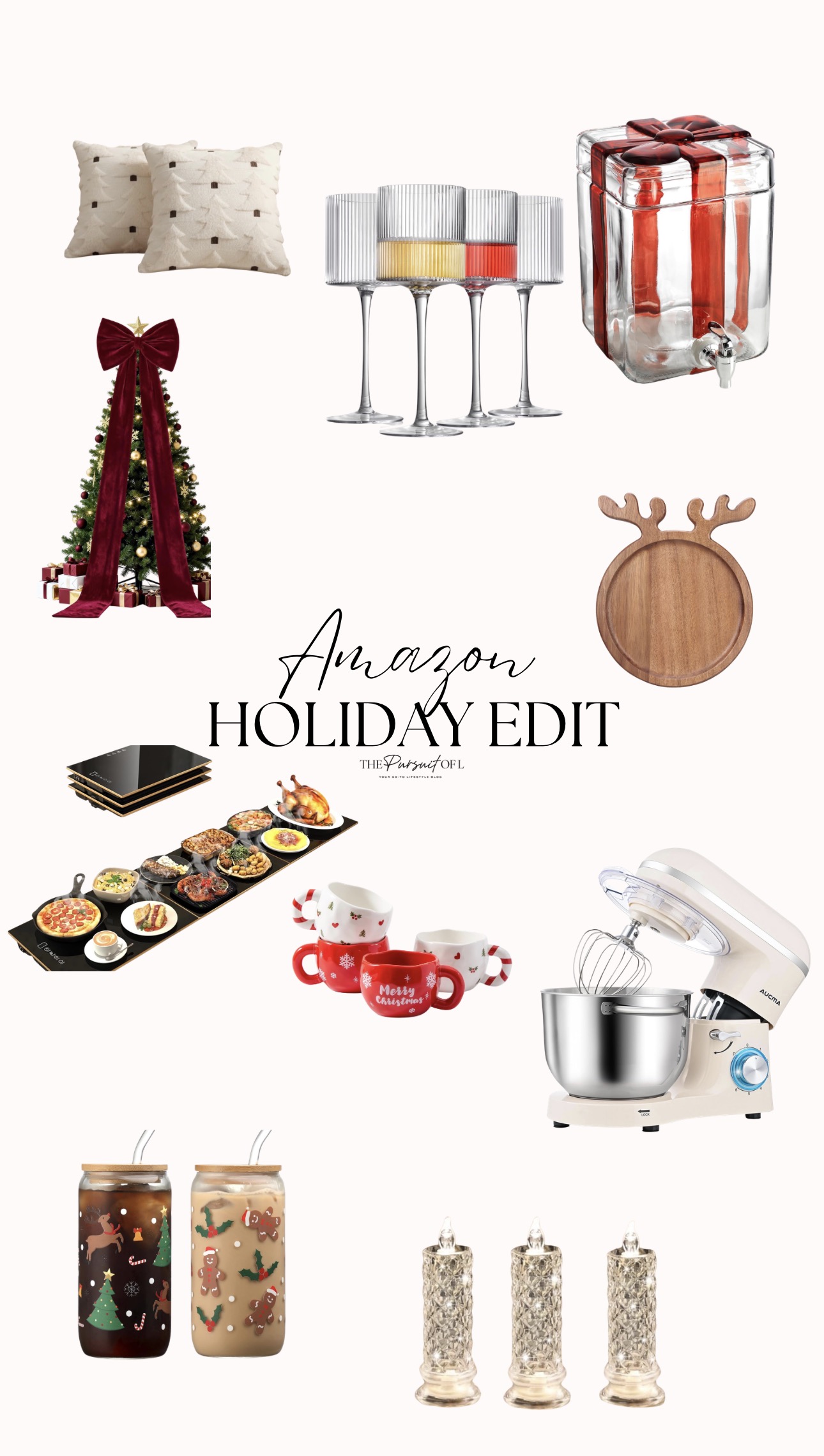 Holiday entertaining essentials including serving boards, drinkware, festive mugs, and Christmas decor curated for The Pursuit of L Holiday Edit.