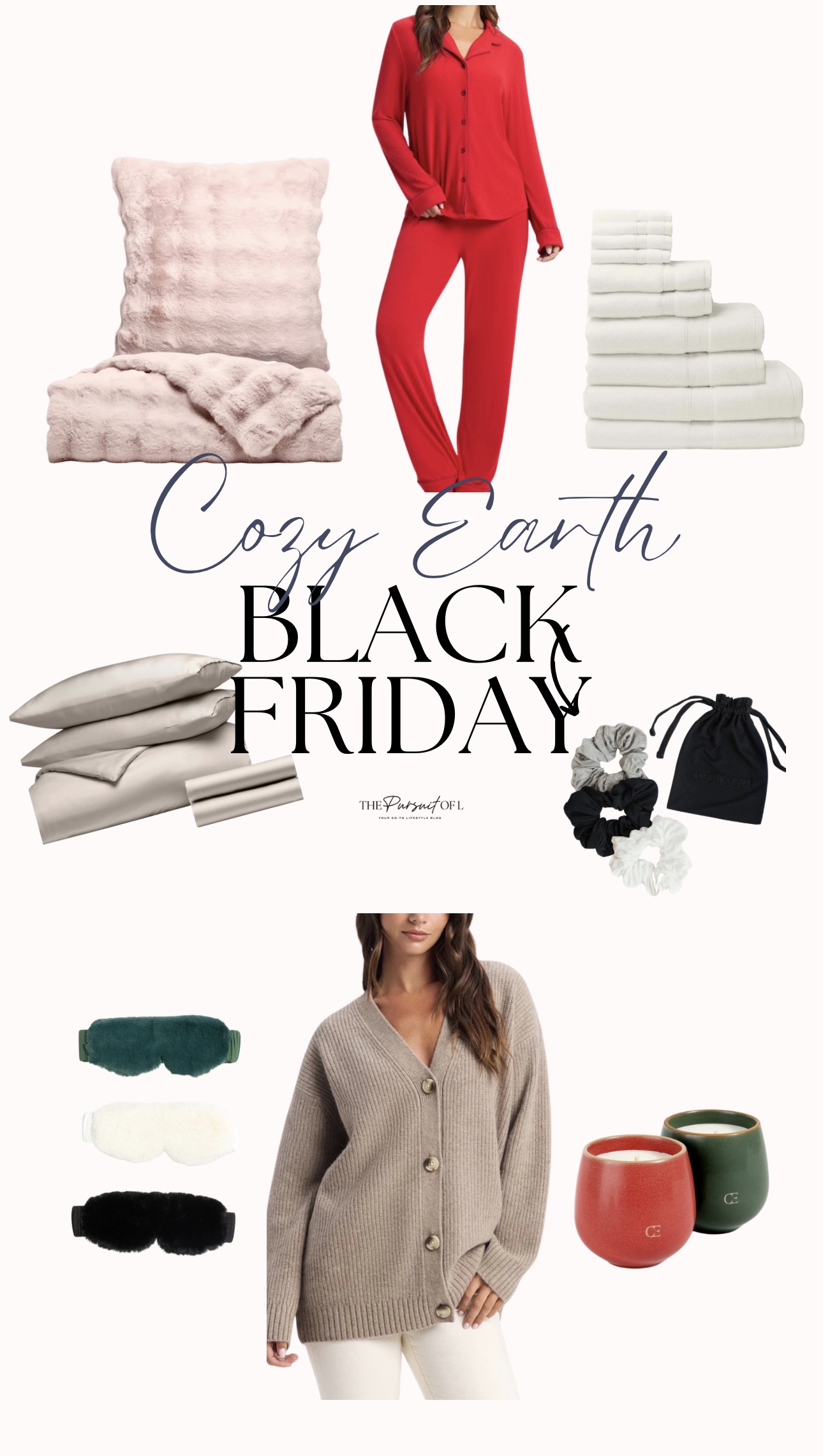 Cozy Earth holiday selections featuring pajamas, plush blankets, sheet sets, scrunchies, eye masks, candles, and a neutral cardigan.