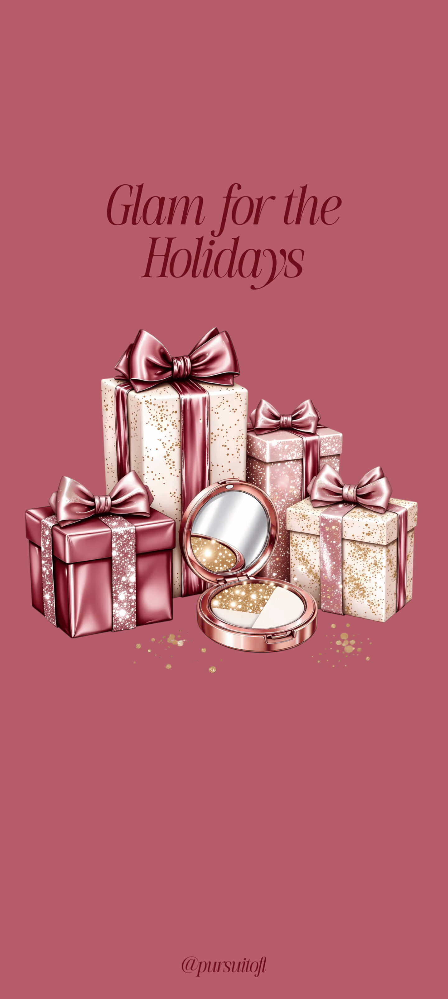 Festive glam Christmas wallpaper featuring sparkling gift boxes, a rose-gold makeup compact, and the text “Glam for the Holidays” on a deep berry background.