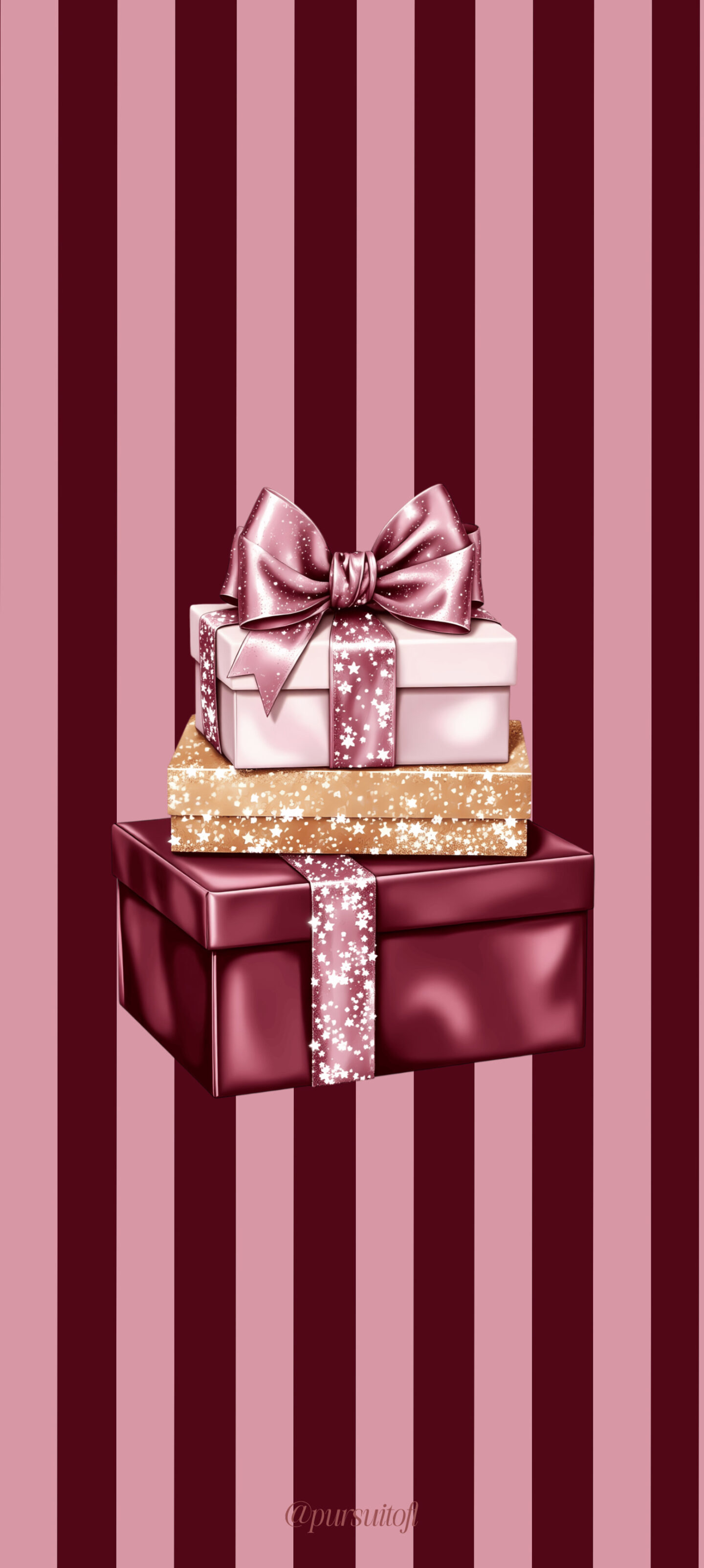 Luxury Christmas wallpaper with deep burgundy and blush vertical stripes and a stack of glittery wrapped gift boxes topped with a shimmering pink bow.