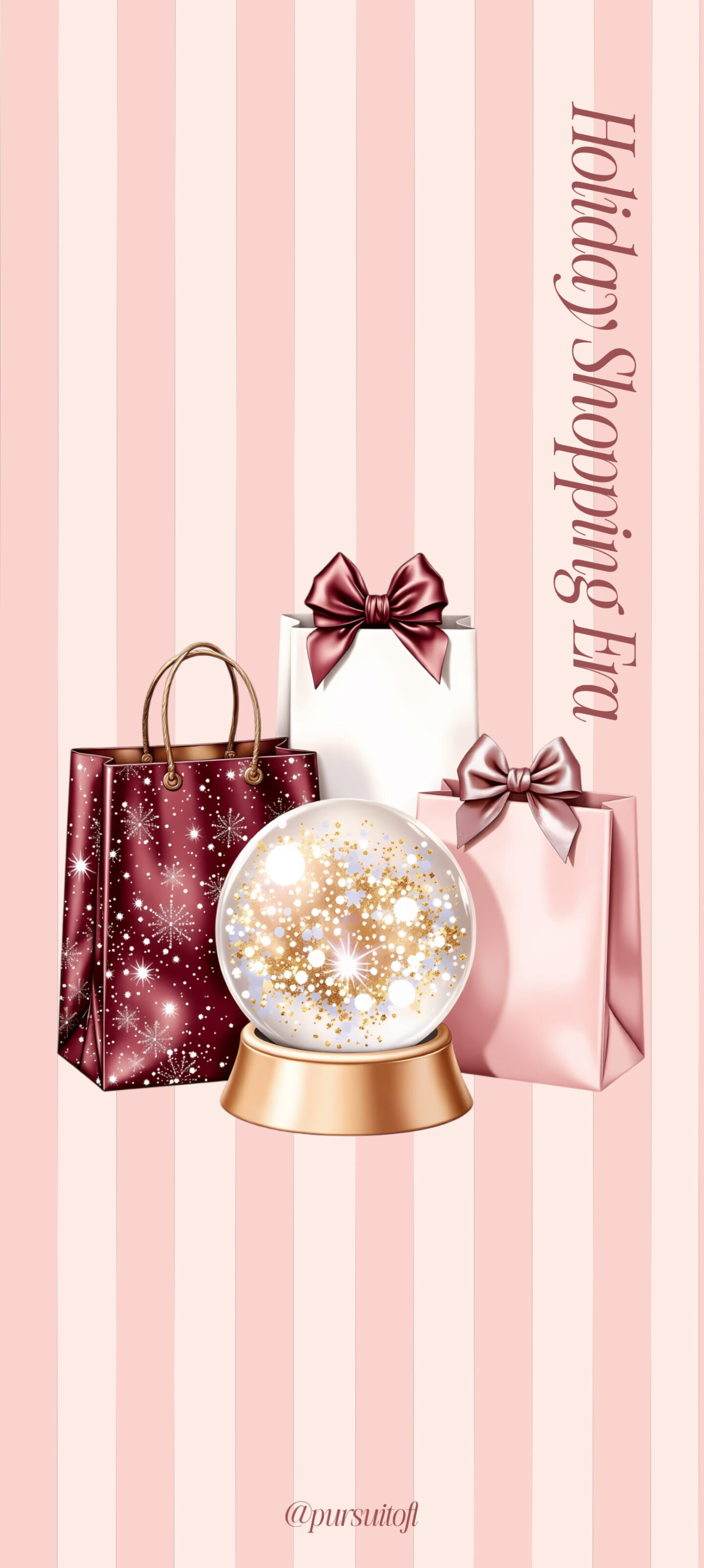 Holiday shopping-themed wallpaper with pink and cream vertical stripes, gift bags, a glitter snow globe, and the vertical text “Holiday Shopping Era.”