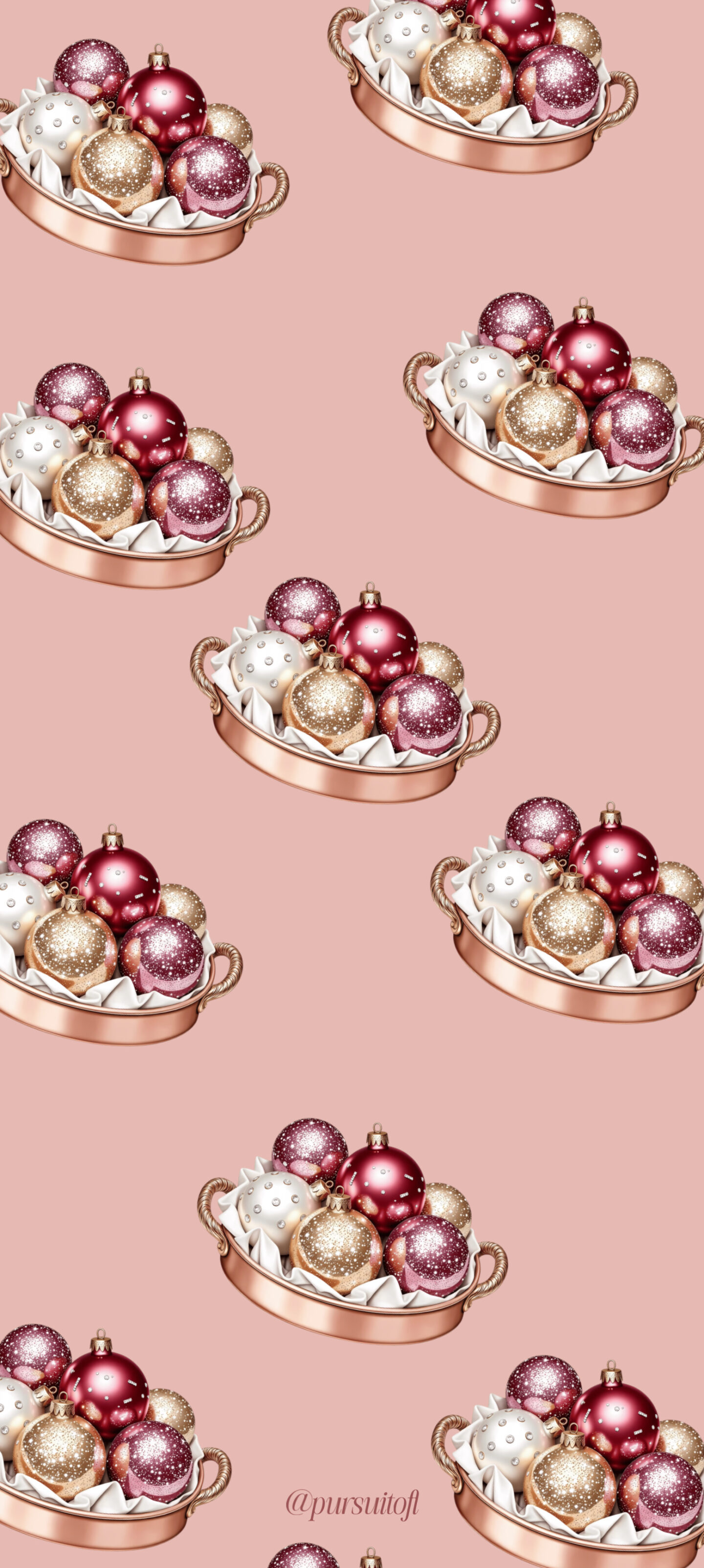 Seamless Christmas ornament pattern wallpaper with repeating rose-gold trays filled with blush, burgundy, and gold ornaments on a soft pink background.