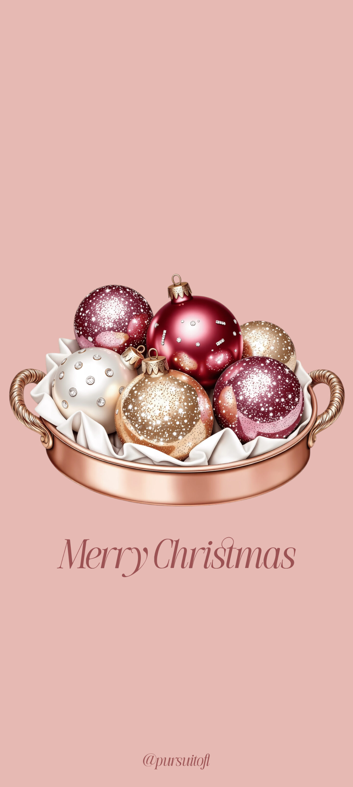 Soft pink Christmas wallpaper featuring a rose-gold tray filled with red, blush, and gold ornaments with the text “Merry Christmas” beneath the arrangement.