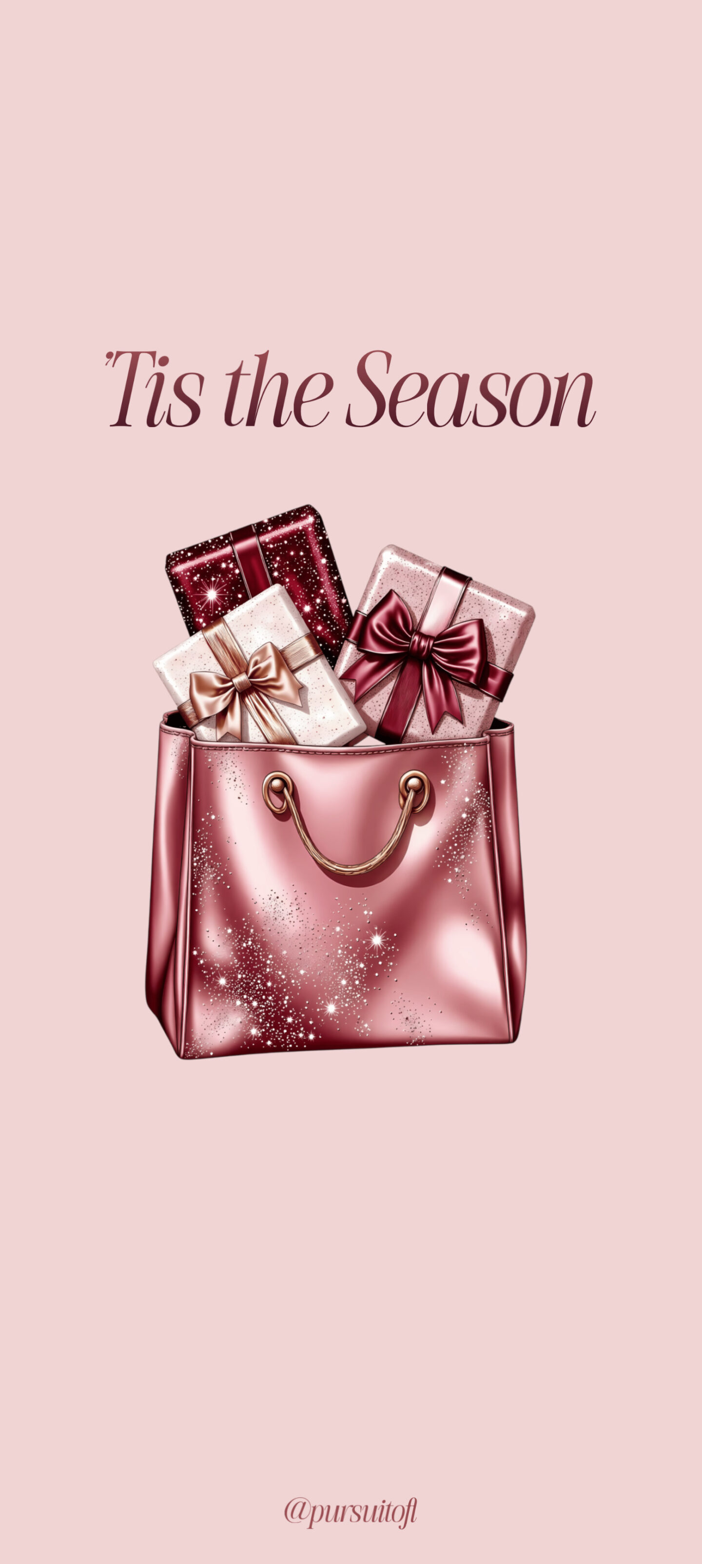 Blush pink Christmas wallpaper with a rose-gold gift bag filled with glittery wrapped presents and the text “‘Tis the Season” in elegant script.