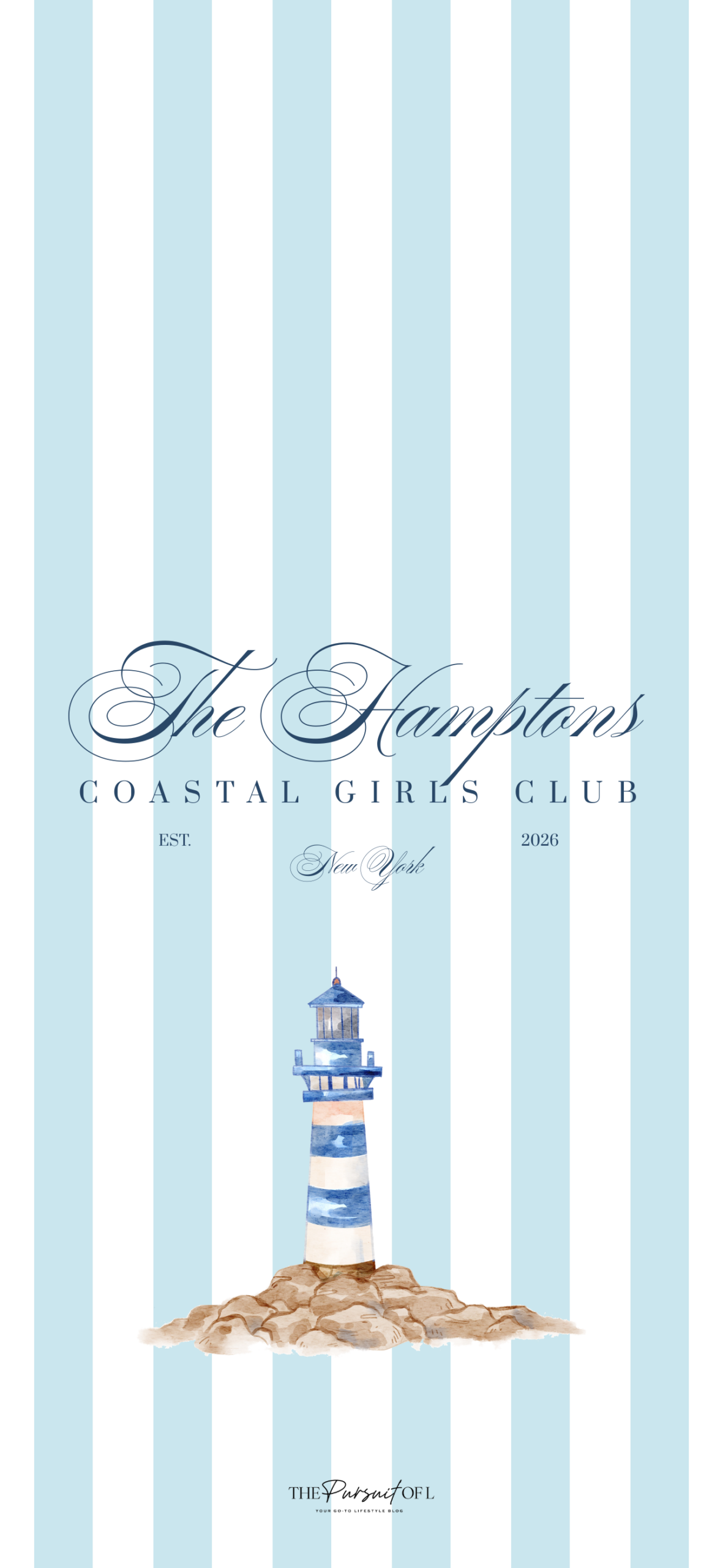 Hamptons Coastal Club lighthouse wallpaper with light blue nautical stripes and watercolor lighthouse illustration, free March 2026 aesthetic wallpaper for phone