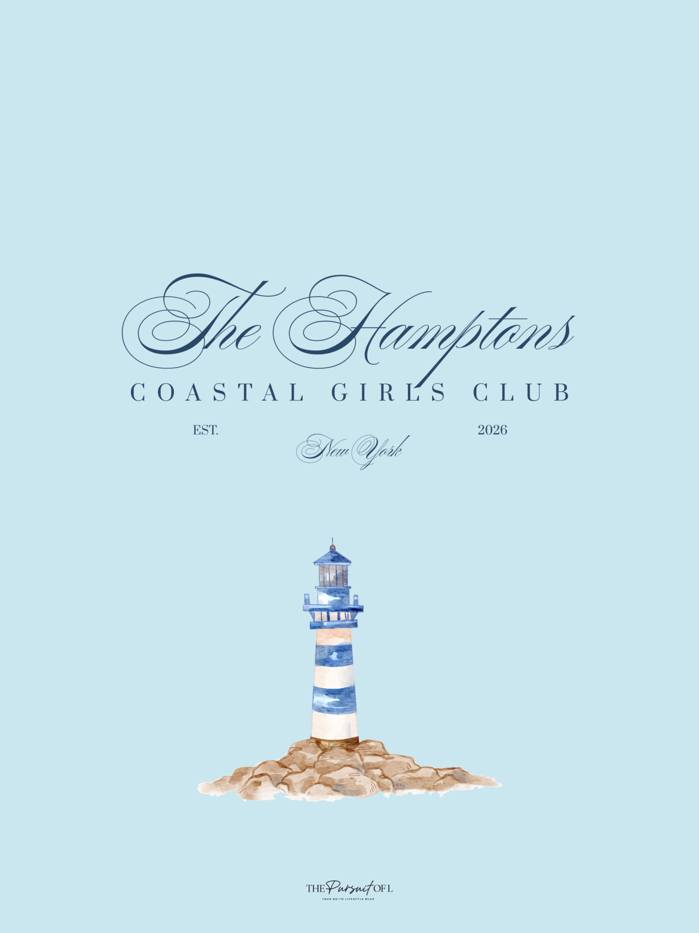 Hamptons Coastal Club lighthouse wallpaper with soft coastal blue background and watercolor lighthouse illustration, free nautical aesthetic wallpaper for tablet