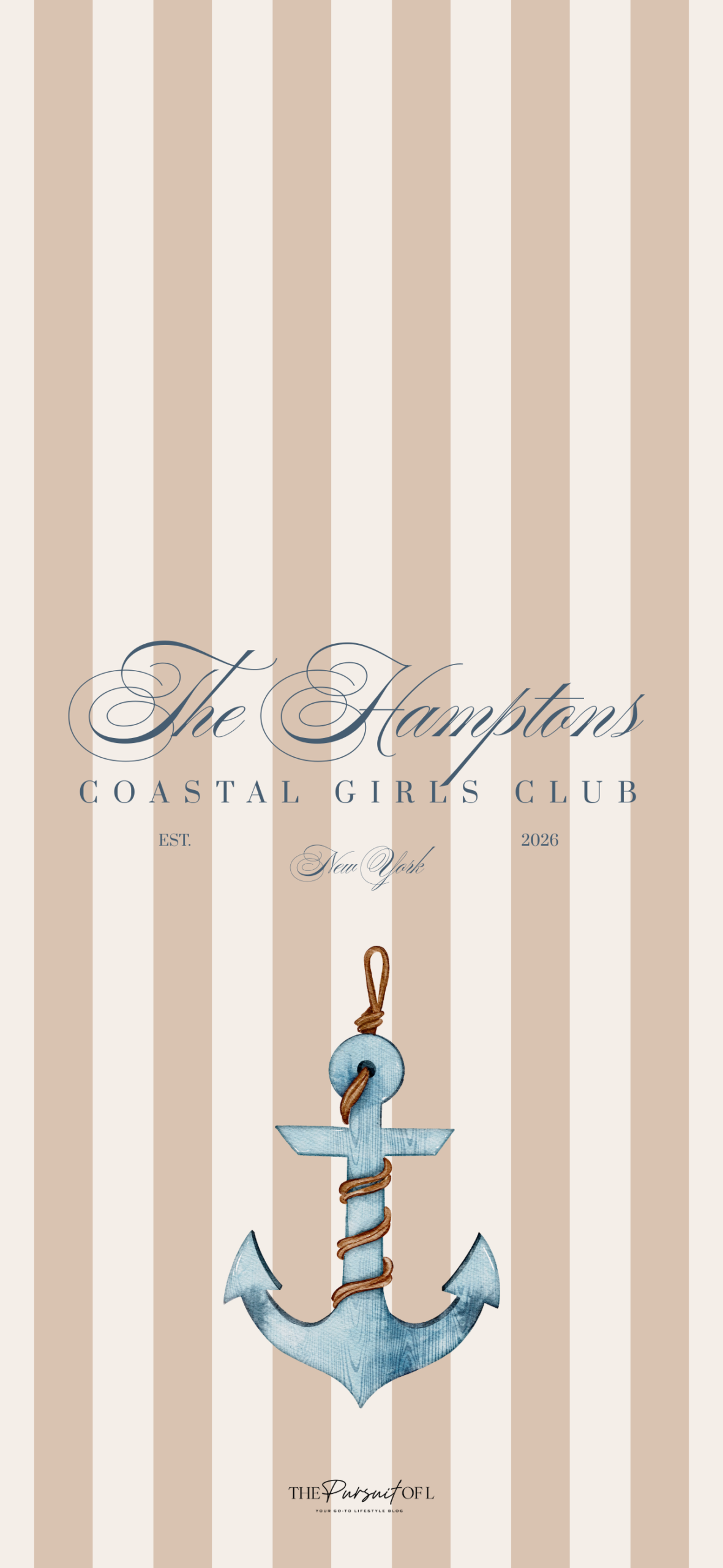 Hamptons Coastal Club anchor wallpaper with beige coastal stripes and watercolor nautical anchor illustration, neutral nautical wallpaper for phone