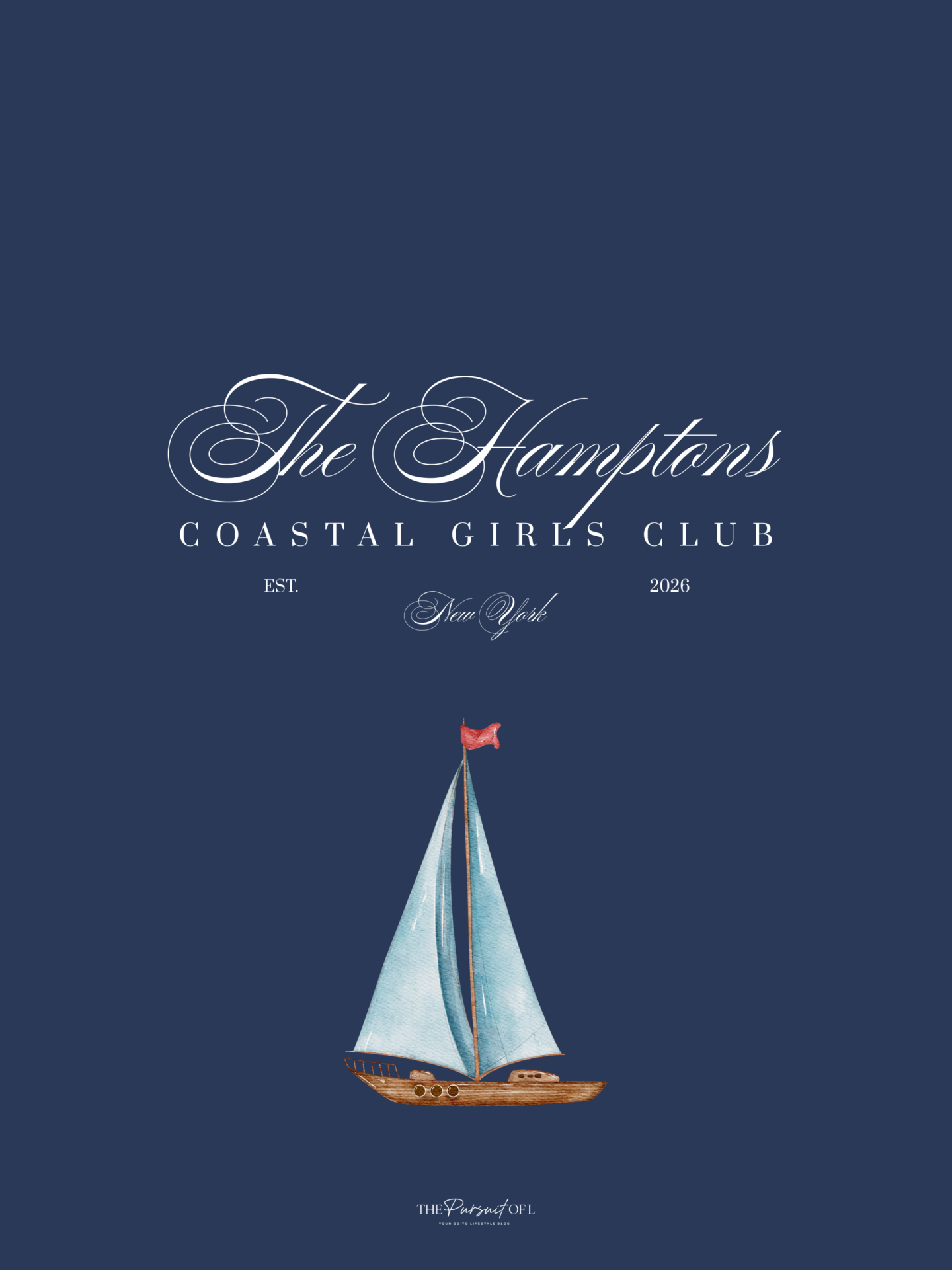 Hamptons Coastal Club sailboat wallpaper with deep navy background and watercolor sailboat illustration, nautical aesthetic wallpaper for tablet