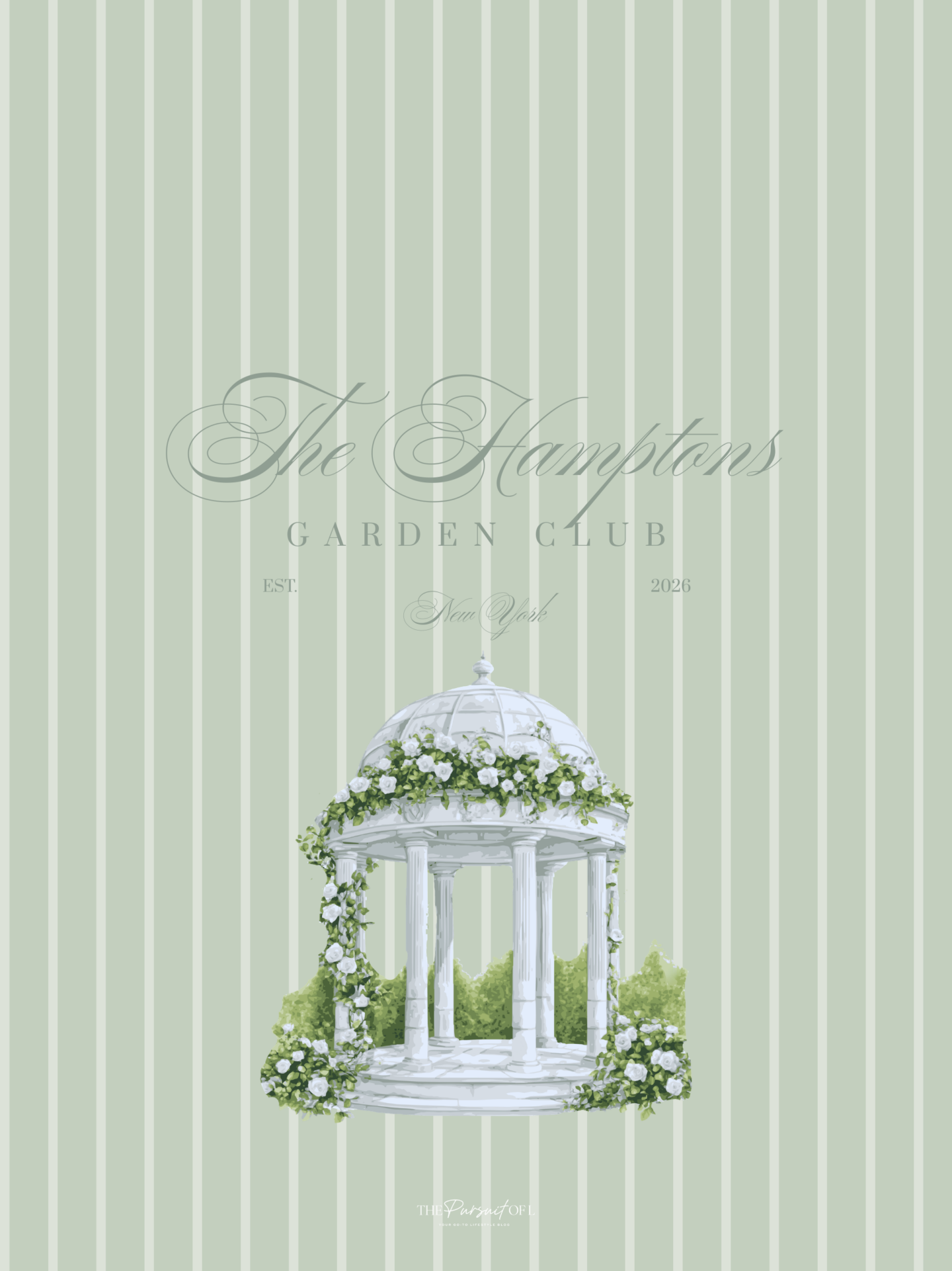Soft sage green striped tablet wallpaper featuring a white garden gazebo covered in climbing vines and white flowers, with subtle “Hamptons Garden Club” typography for a calm, coastal spring aesthetic.