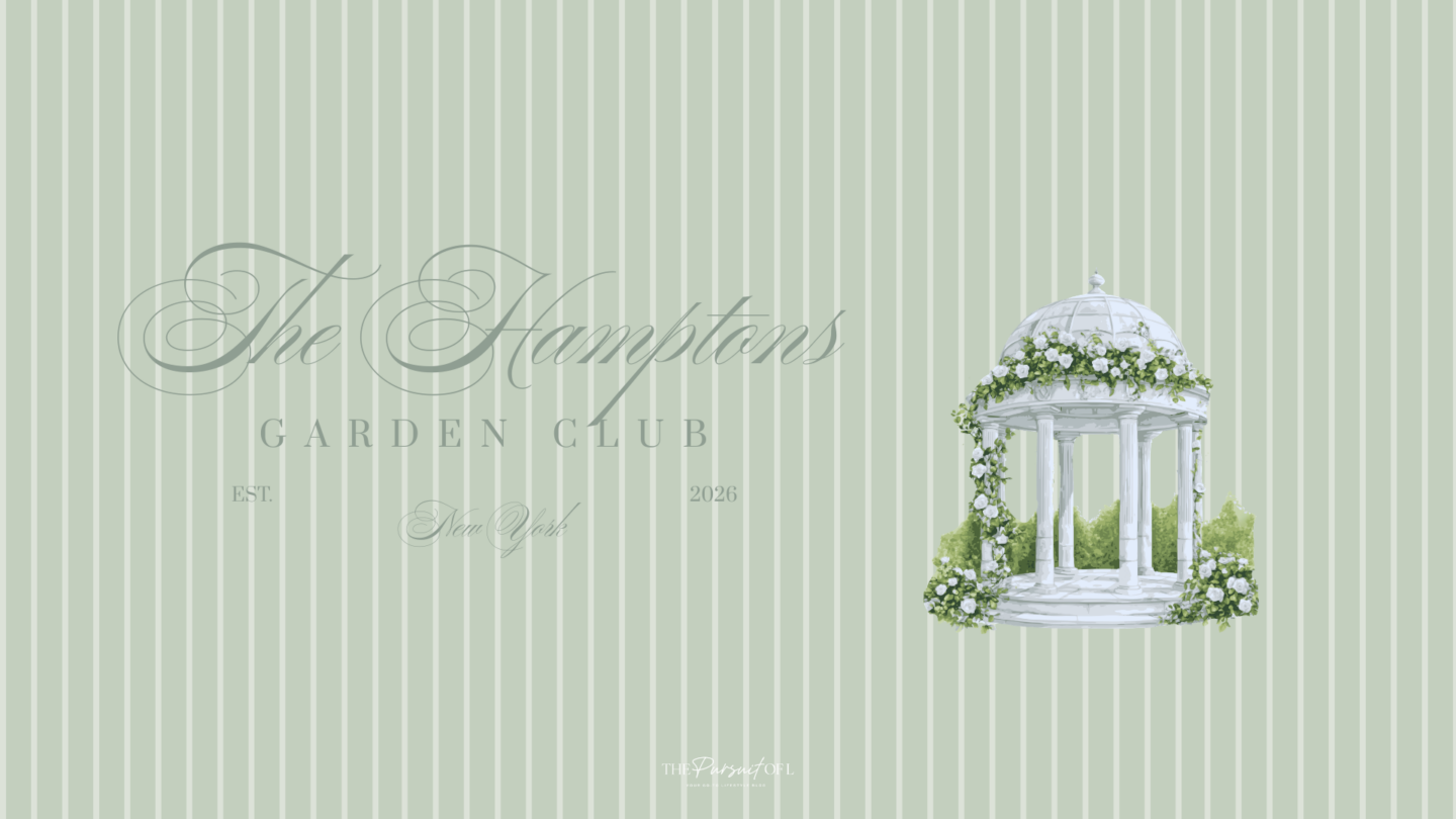 Soft sage green striped desktop wallpaper featuring a white garden gazebo covered in climbing vines and white flowers, with subtle “Hamptons Garden Club” typography for a calm, coastal spring aesthetic.