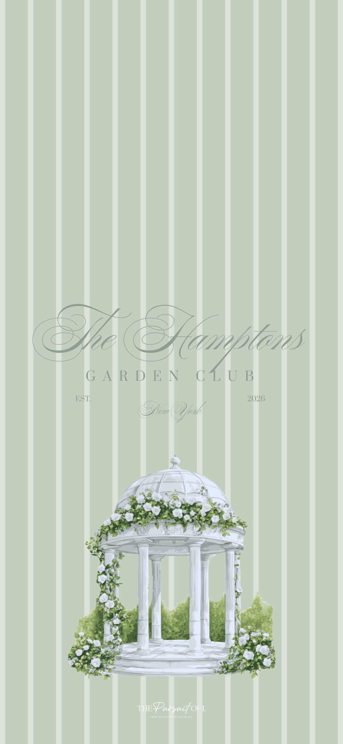 Soft sage green striped phone wallpaper featuring a white garden gazebo covered in climbing vines and white flowers, with subtle “Hamptons Garden Club” typography for a calm, coastal spring aesthetic.