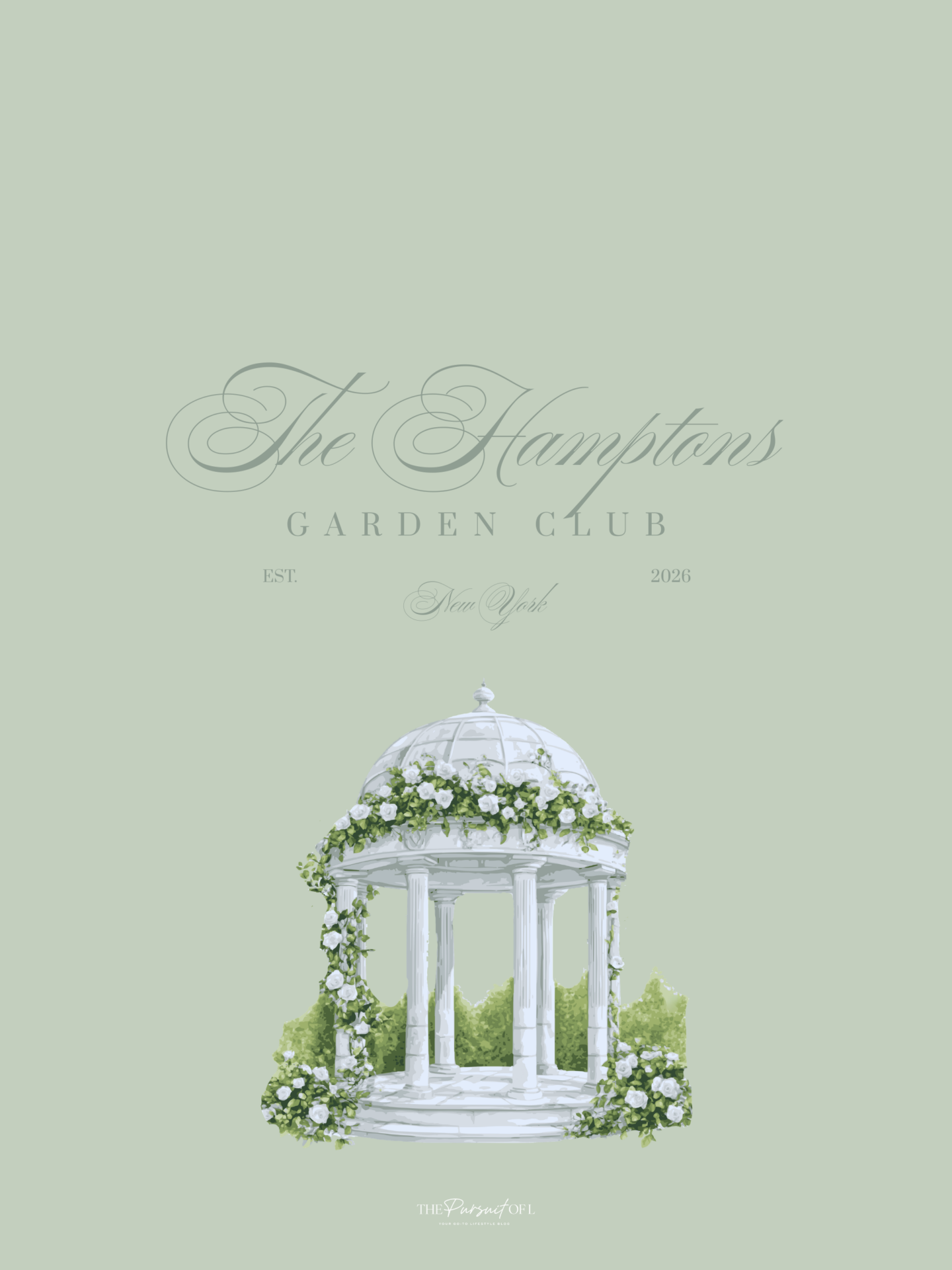 Minimal sage green tablet wallpaper with a white floral garden gazebo surrounded by greenery, styled with elegant Hamptons-inspired typography for a soft, refined spring look.