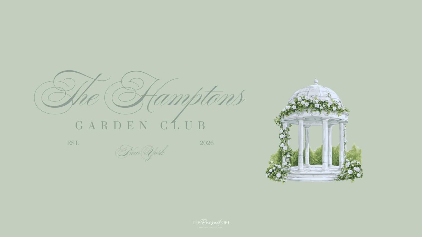 Minimal sage green desktop wallpaper with a white floral garden gazebo surrounded by greenery, styled with elegant Hamptons-inspired typography for a soft, refined spring look.