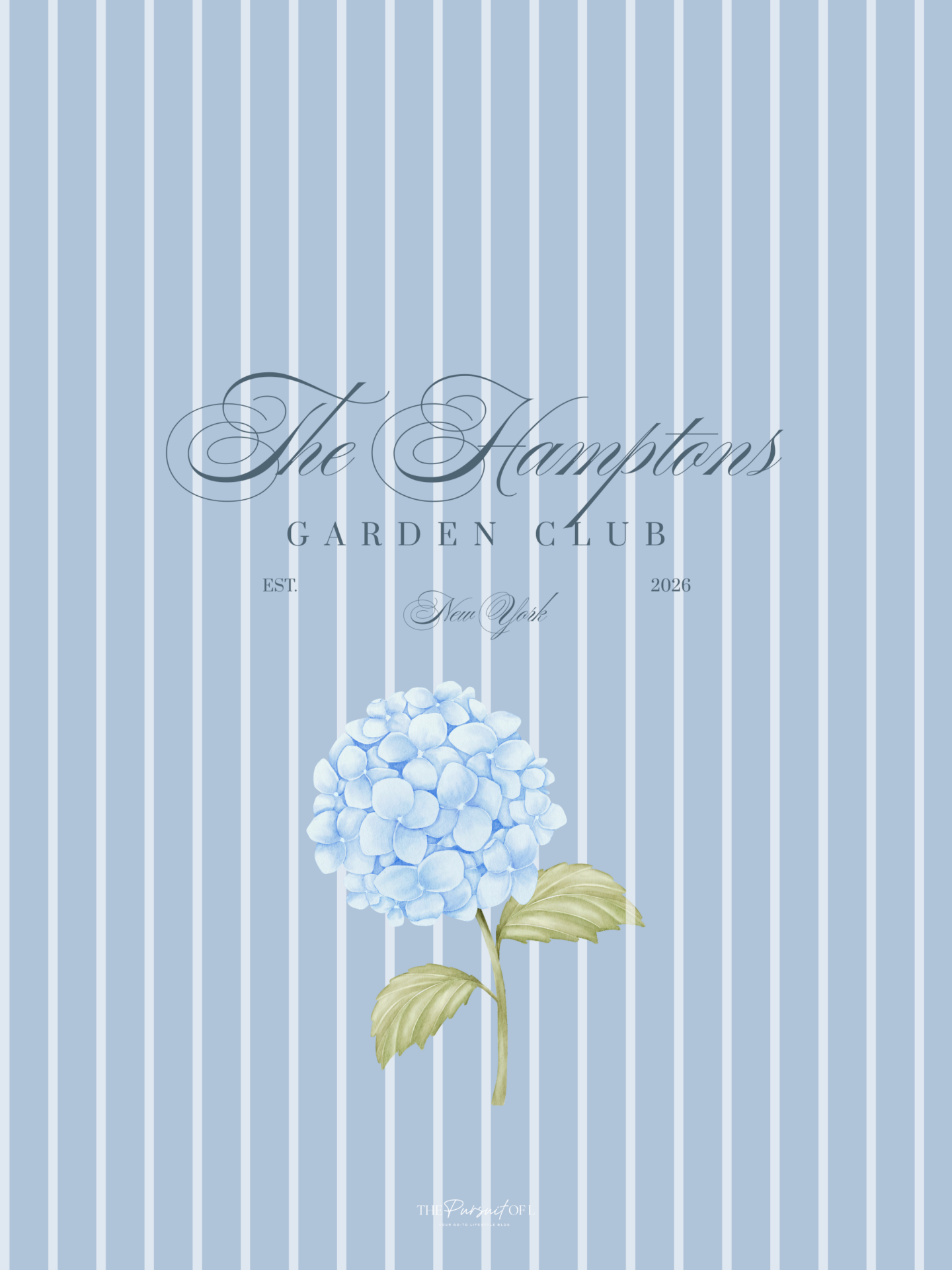 Blue striped tablet wallpaper with a single light blue hydrangea stem, paired with classic Hamptons Garden Club text for a fresh, coastal spring aesthetic.