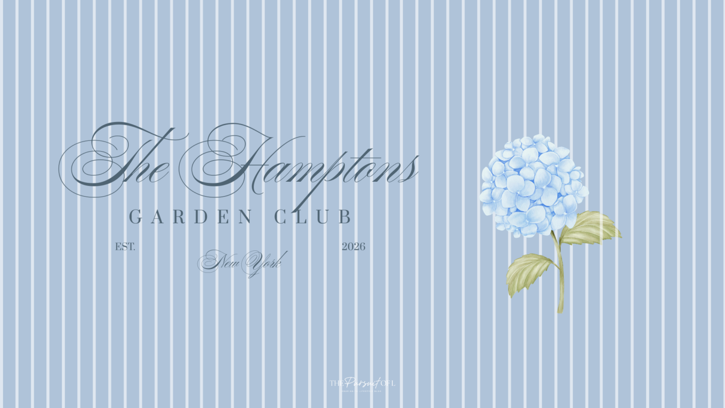 Blue striped desktop wallpaper with a single light blue hydrangea stem, paired with classic Hamptons Garden Club text for a fresh, coastal spring aesthetic.