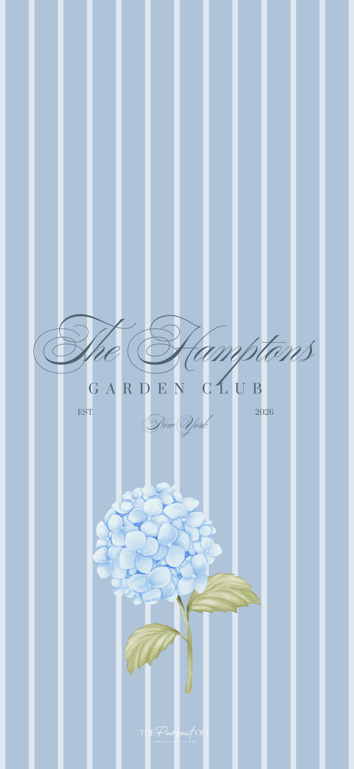 Blue striped phone wallpaper with a single light blue hydrangea stem, paired with classic Hamptons Garden Club text for a fresh, coastal spring aesthetic.