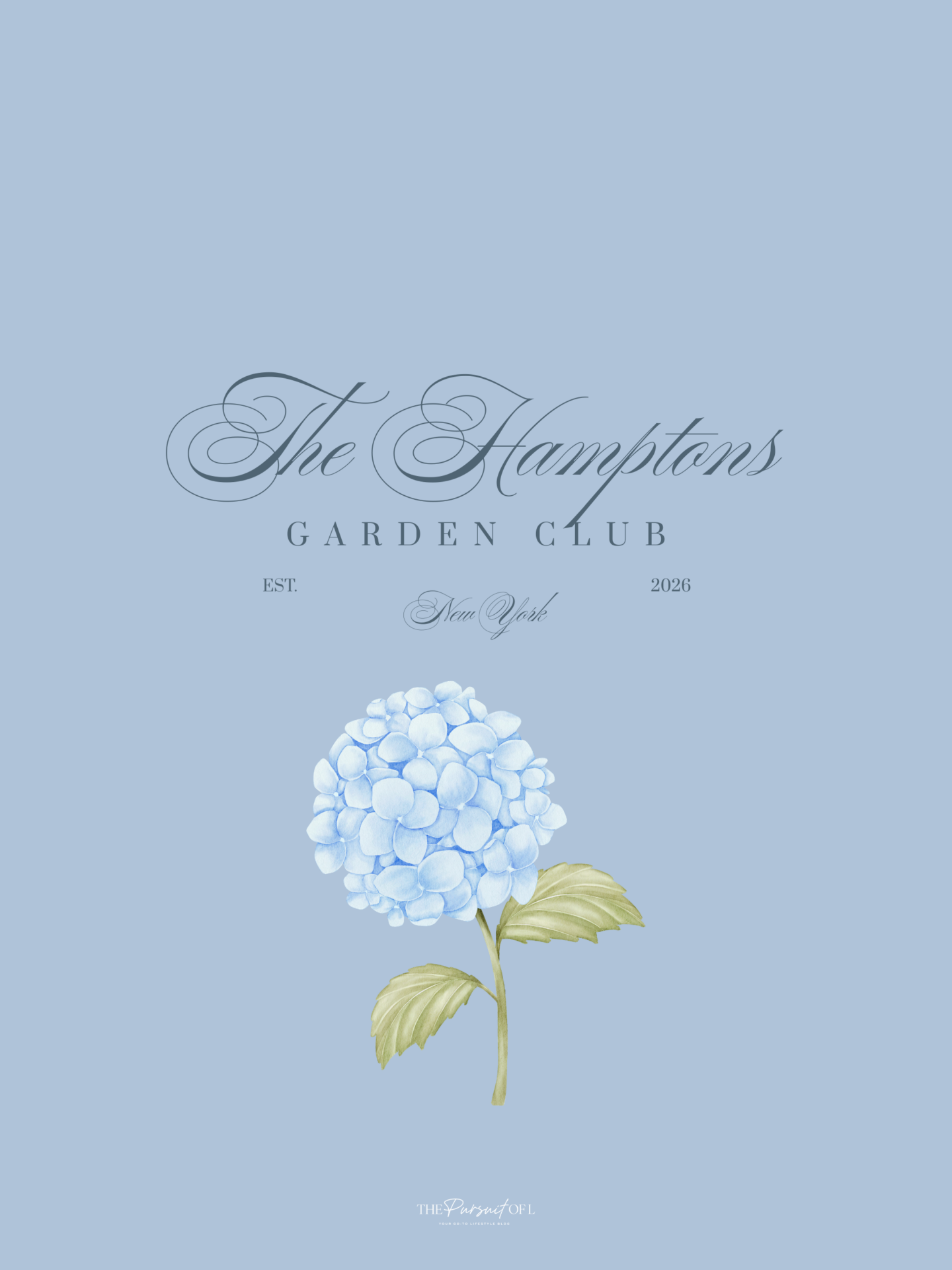 Soft blue tablet wallpaper featuring a delicate hydrangea bloom and minimal Hamptons-inspired typography, creating a clean and calming spring background.