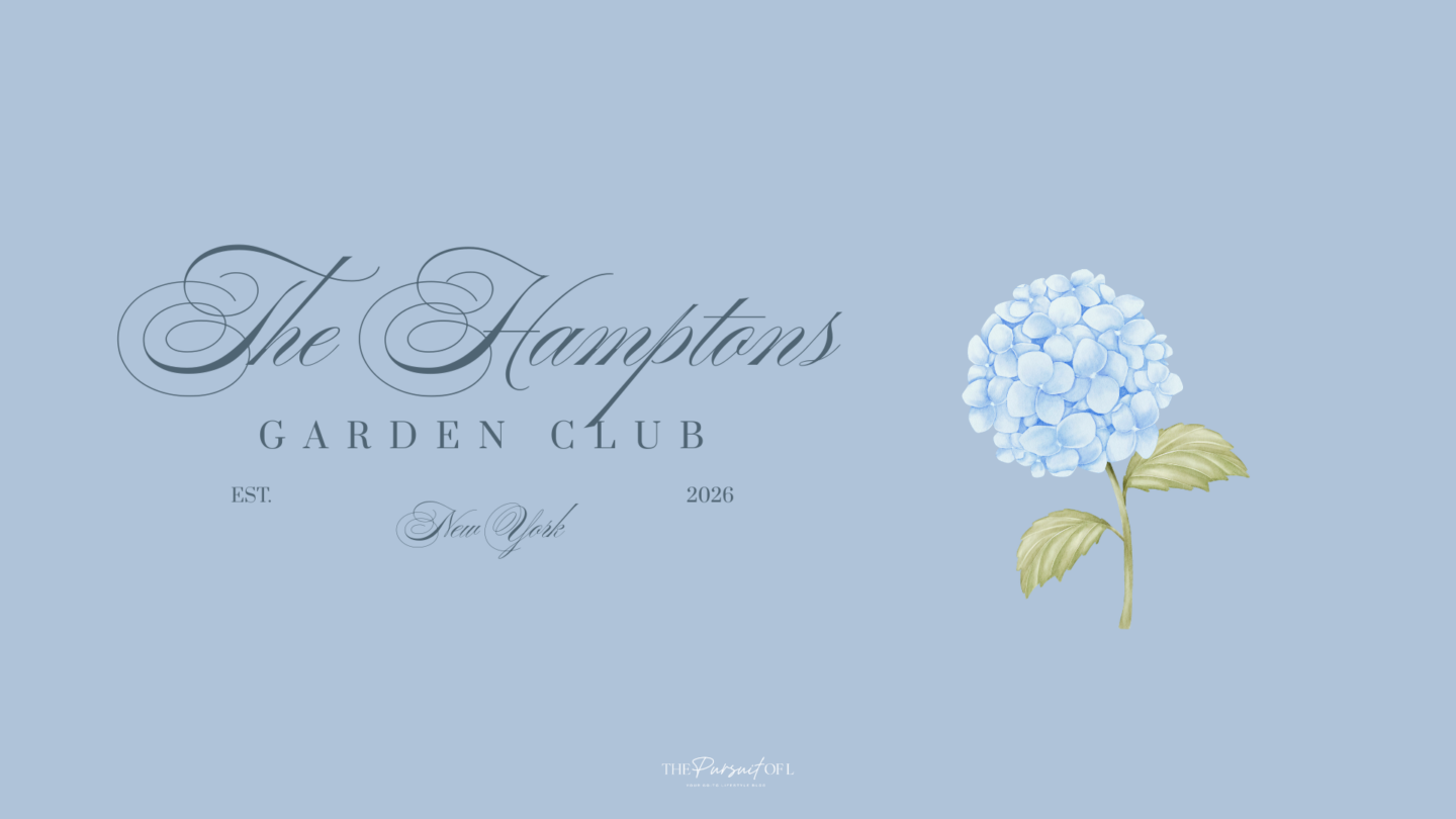 Soft blue desktop wallpaper featuring a delicate hydrangea bloom and minimal Hamptons-inspired typography, creating a clean and calming spring background.