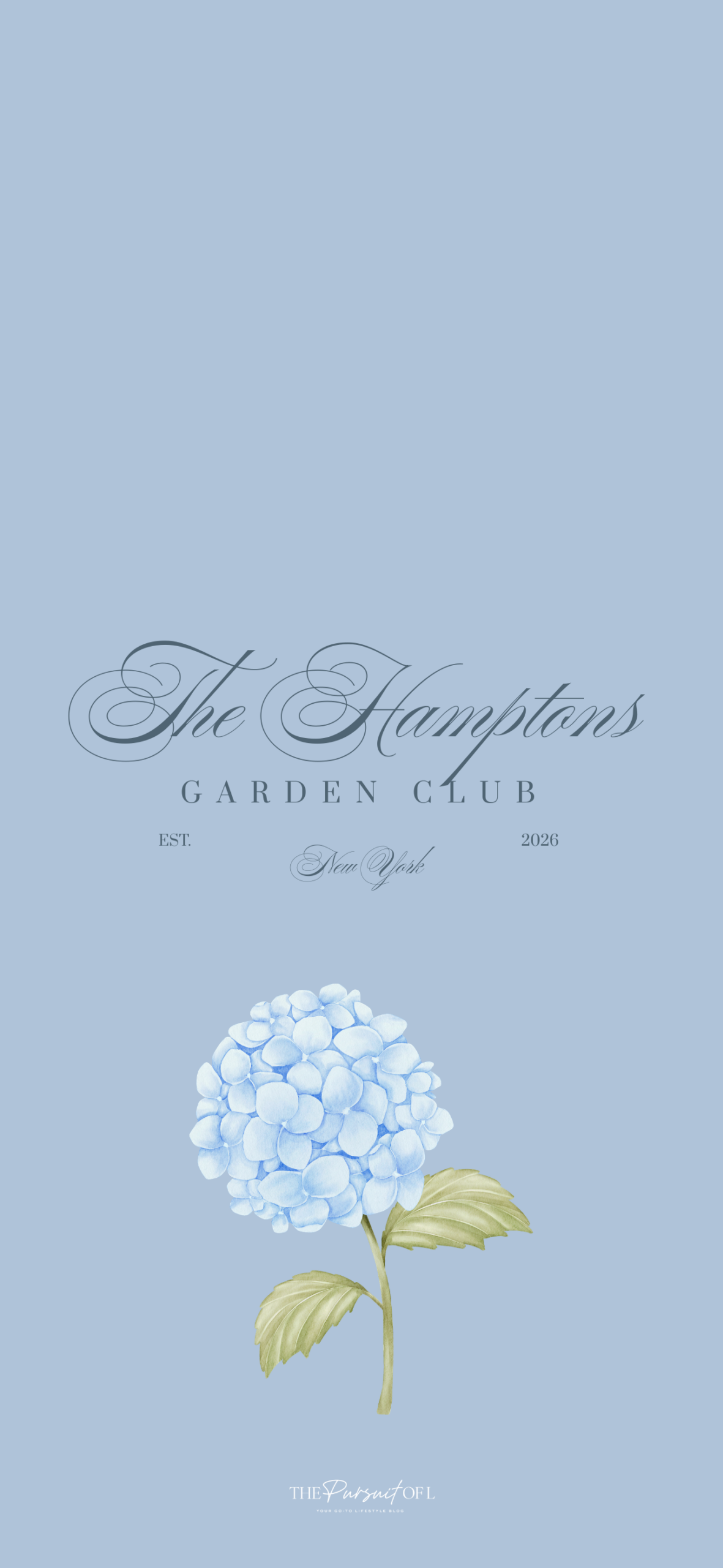 Soft blue phone wallpaper featuring a delicate hydrangea bloom and minimal Hamptons-inspired typography, creating a clean and calming spring background.