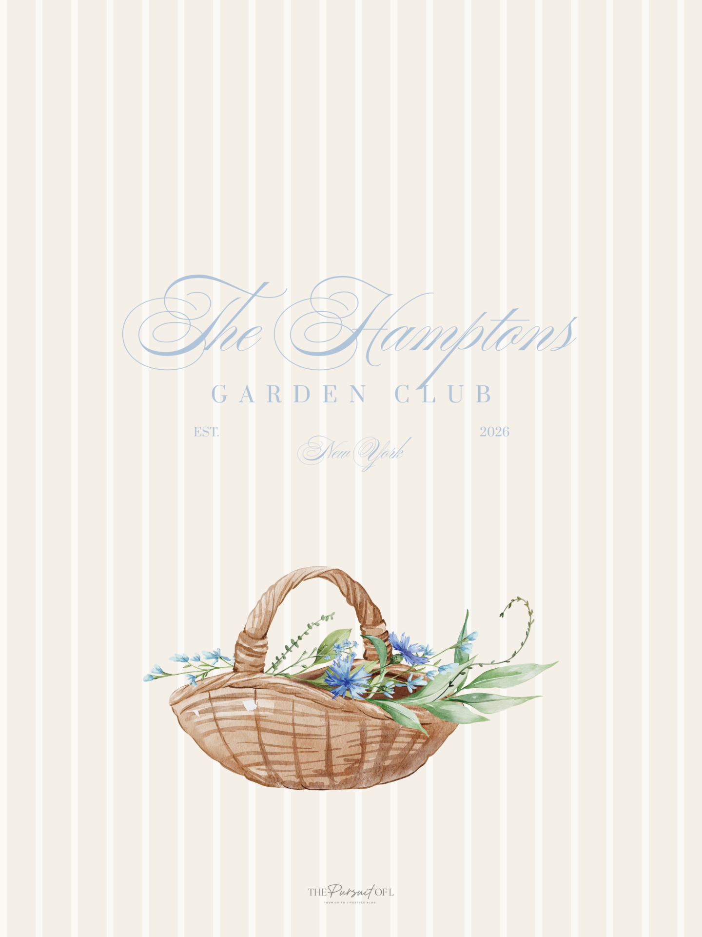 Neutral beige striped tablet wallpaper with a woven wicker basket filled with soft blue florals and greenery, styled with elegant Hamptons Garden Club typography for a cozy spring feel.