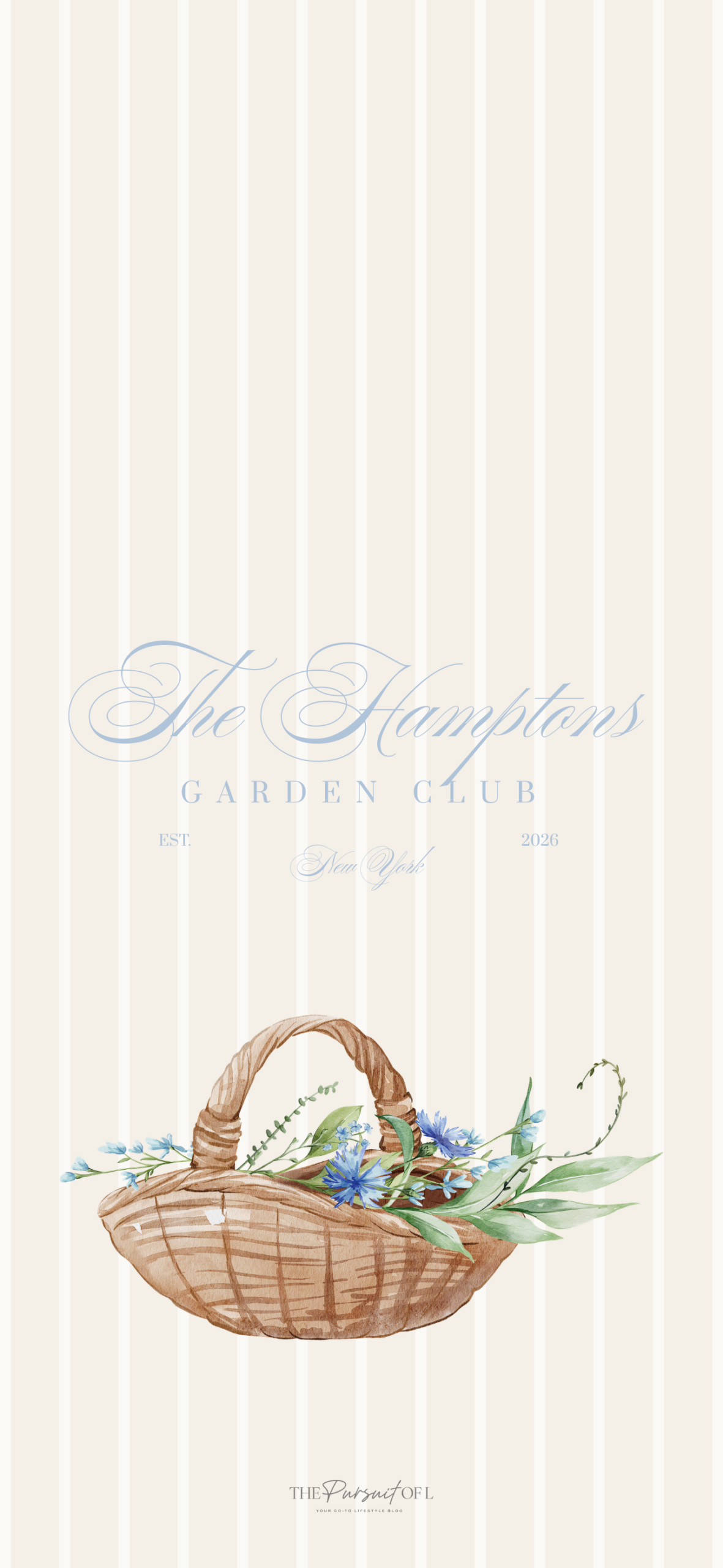 Neutral beige striped phone wallpaper with a woven wicker basket filled with soft blue florals and greenery, styled with elegant Hamptons Garden Club typography for a cozy spring feel.