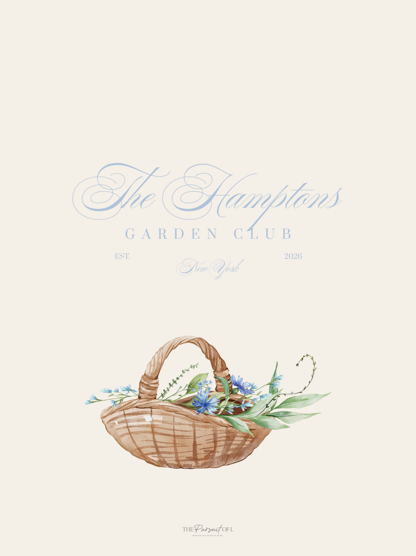 Warm neutral tablet wallpaper featuring a wicker basket with blue flowers and greenery, paired with minimal Hamptons-style text for a soft and grounded spring aesthetic.
