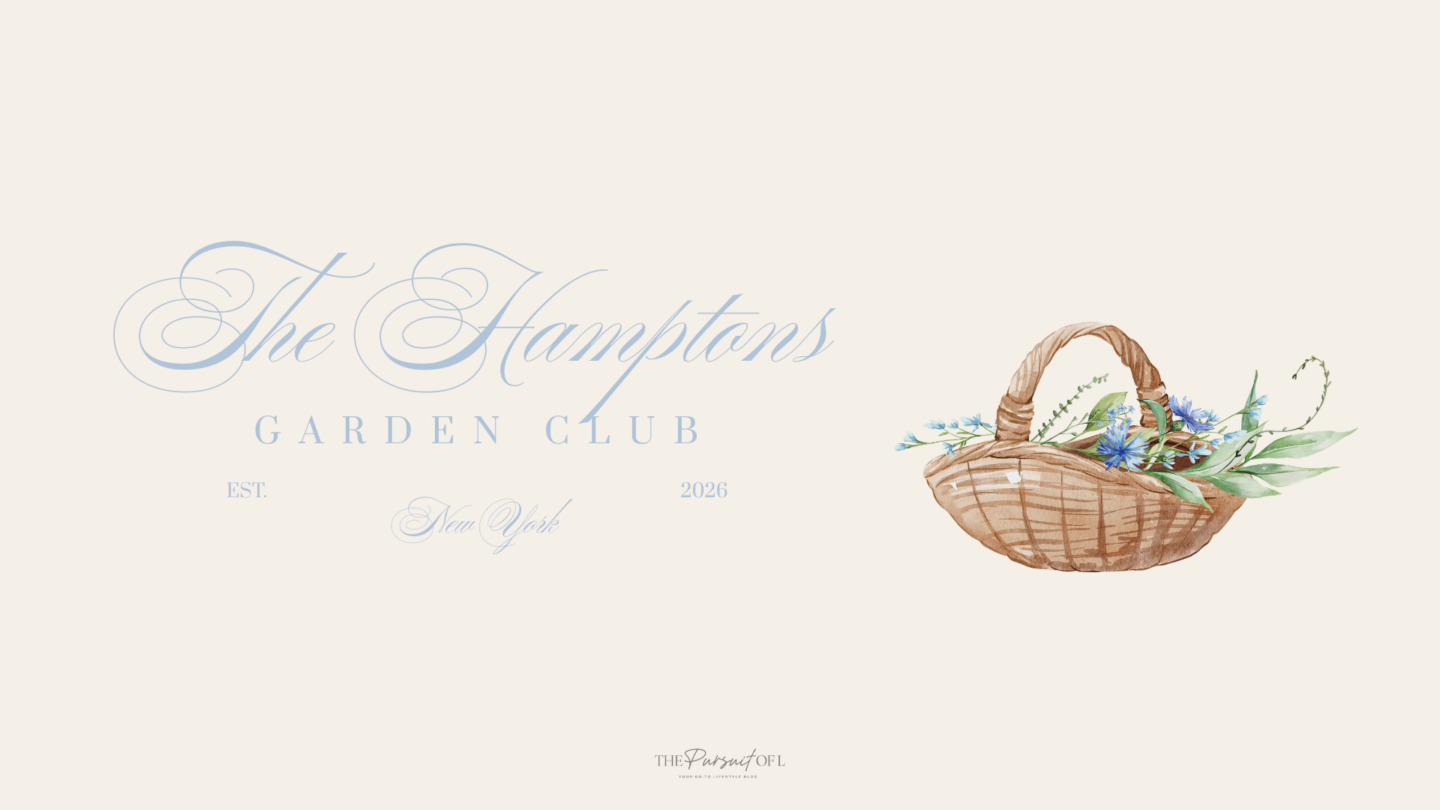 Warm neutral desktop wallpaper featuring a wicker basket with blue flowers and greenery, paired with minimal Hamptons-style text for a soft and grounded spring aesthetic.