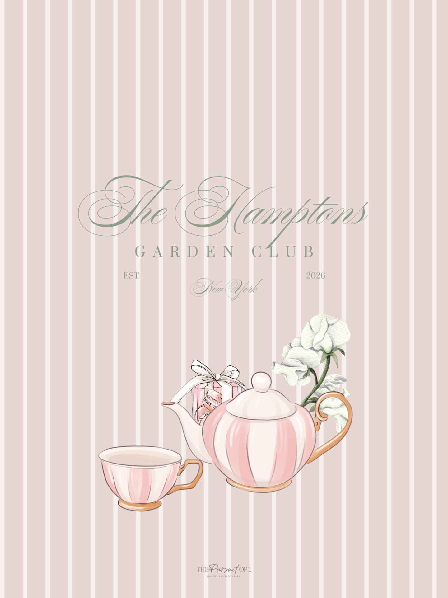 Blush pink striped tablet wallpaper with a vintage-style tea set, macarons, and soft florals, finished with elegant Hamptons Garden Club typography for a feminine spring look.